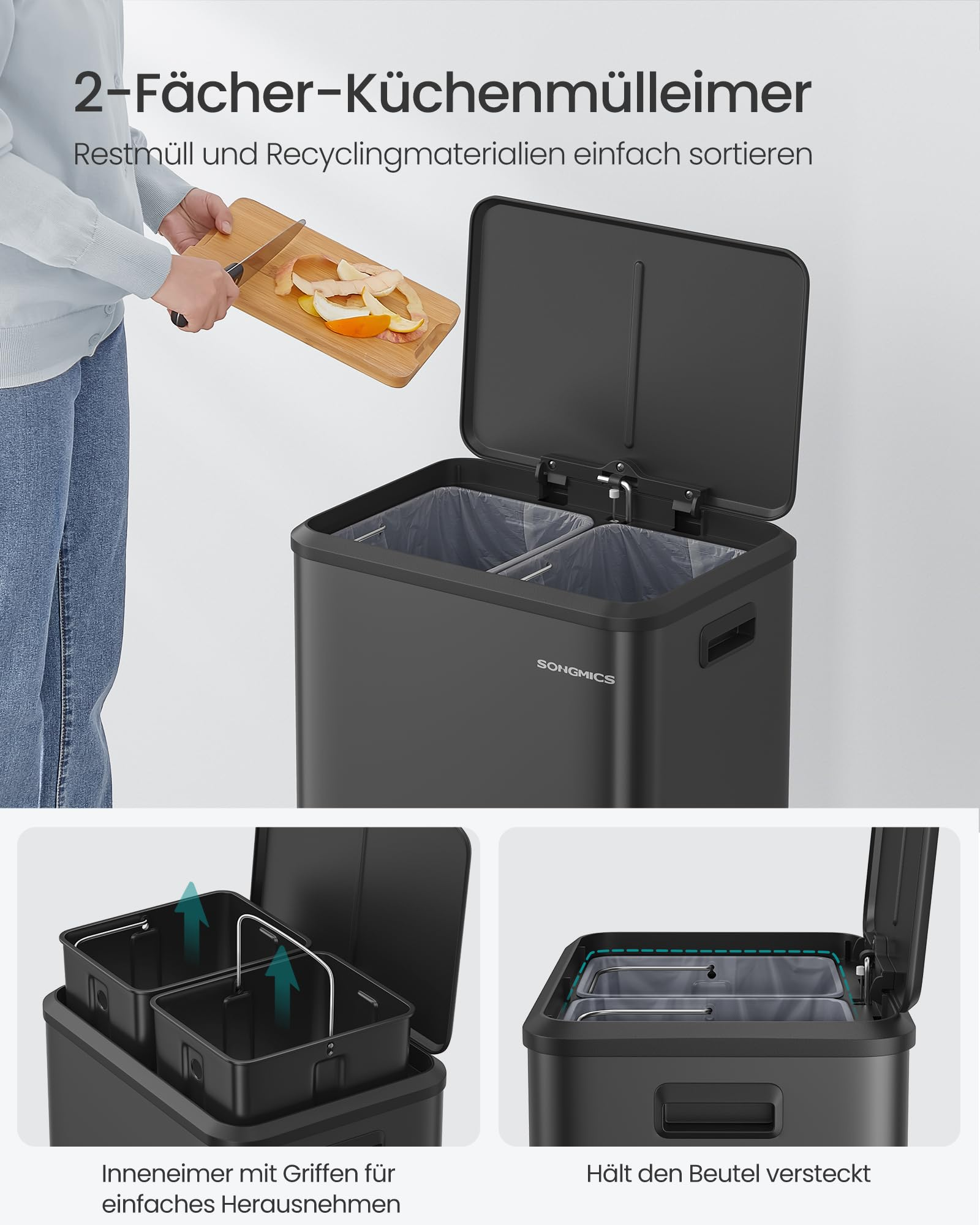 Ein schwarzer Doppel-Mülleimer mit zwei Fächern und offenem Deckel, während Obstschalen hineingeworfen werden.