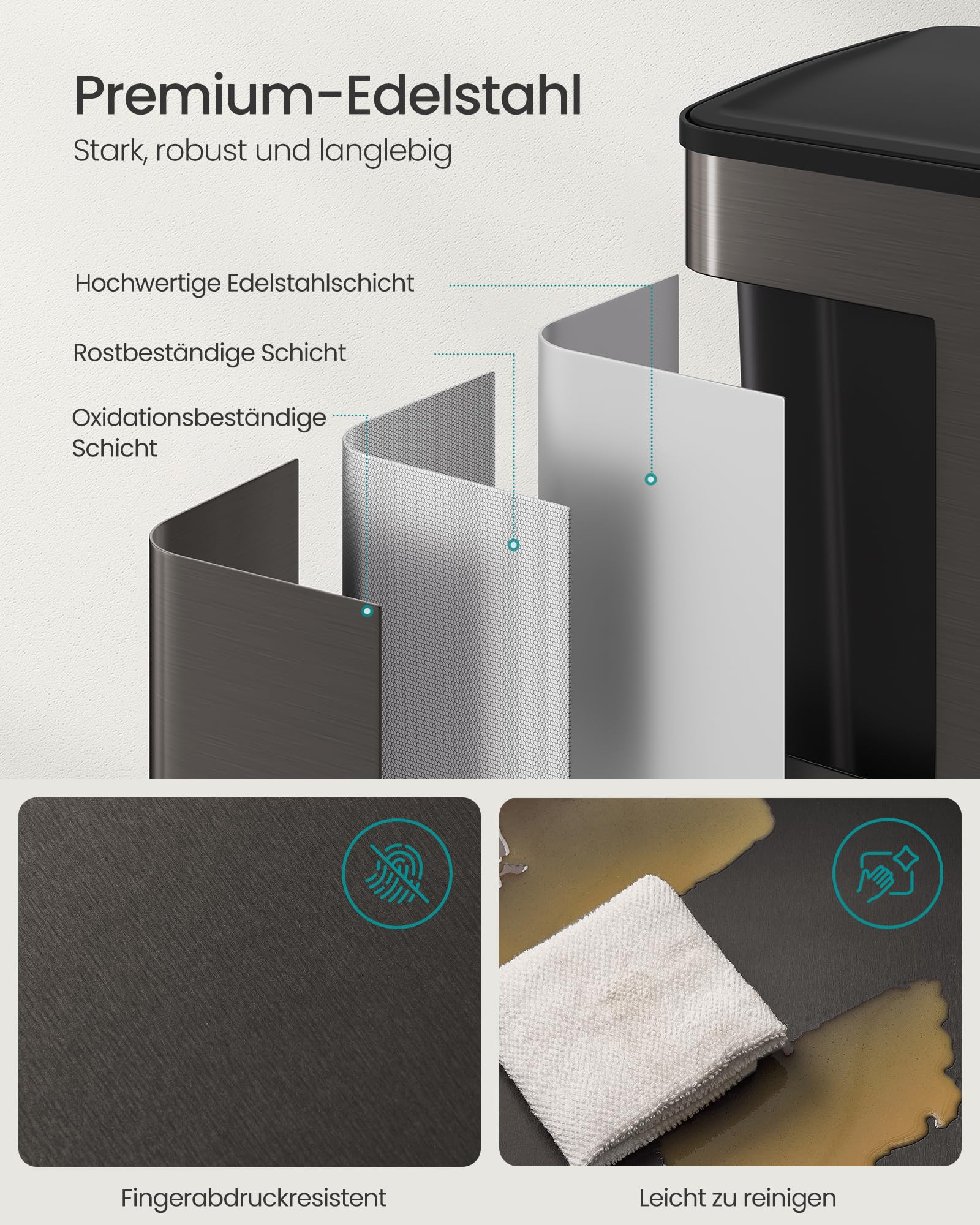 Diagramm zeigt Edelstahl-Schichten eines Mülleimers, rostfrei, leicht zu reinigen und fingerabdruckresistent.
