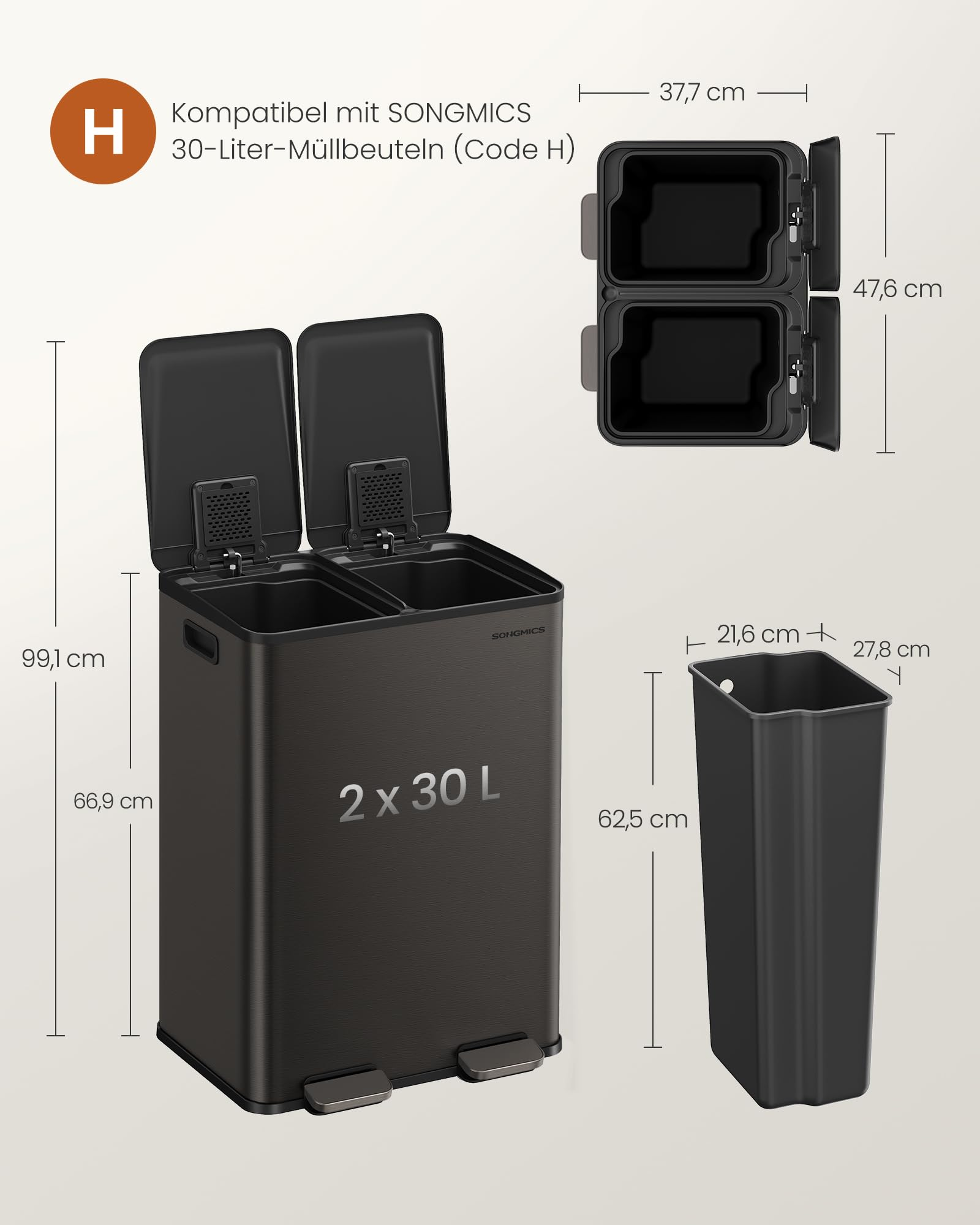 Technische Zeichnung eines schwarzen 2x30L Mülleimers mit Maßen und Details zum Inneneimer.