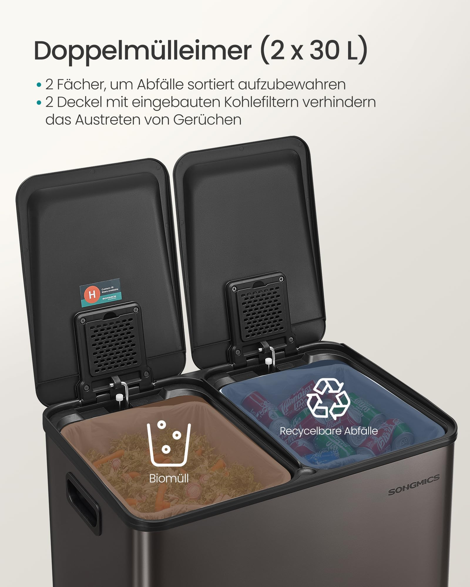 Schwarzer Doppel Mülleimer mit zwei Fächern, Biomüll und recycelbare Abfälle.