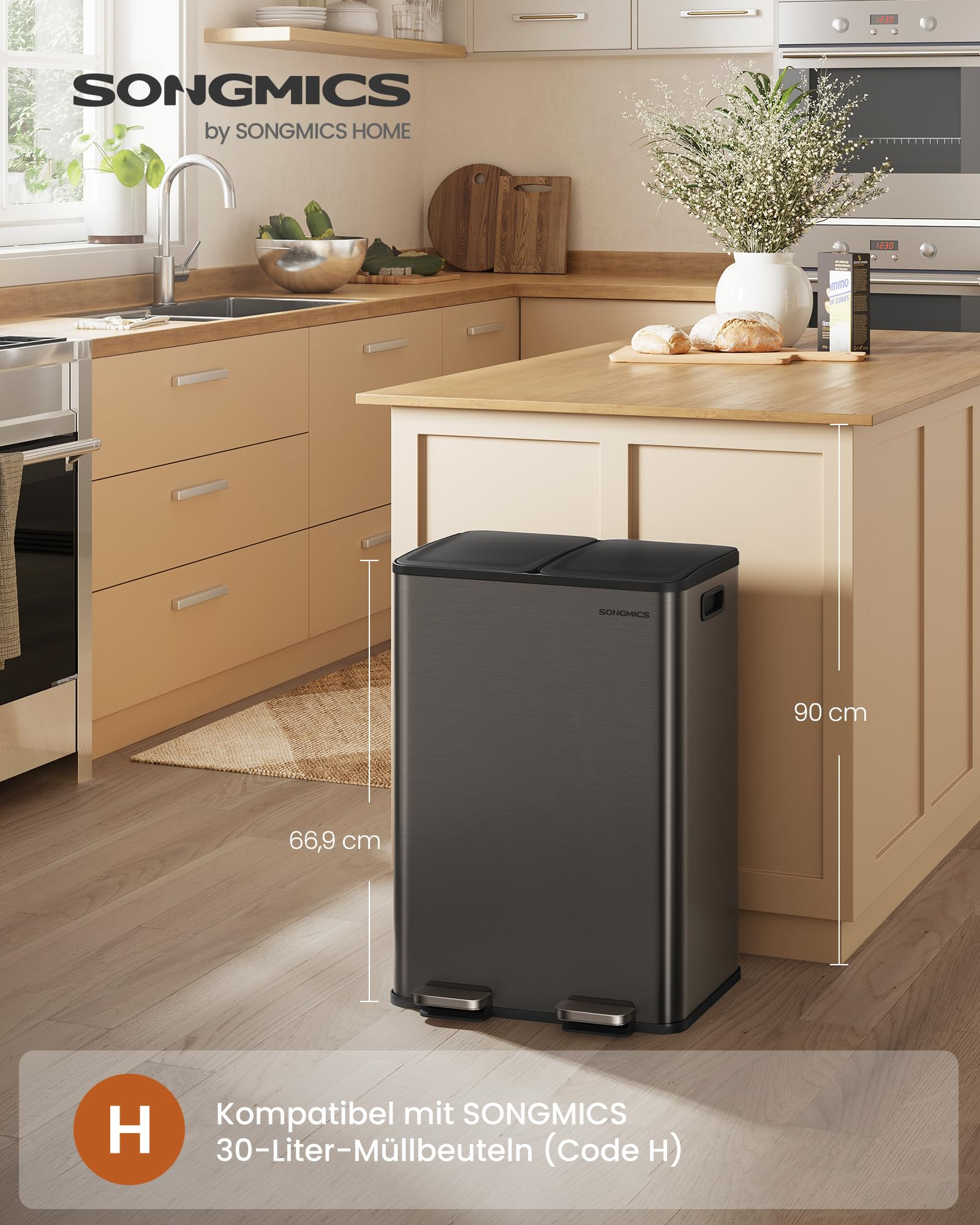 Ein dunkler Doppel-Treteimer steht in einer modernen Küche mit Maßen von 66,9 cm und 90 cm.