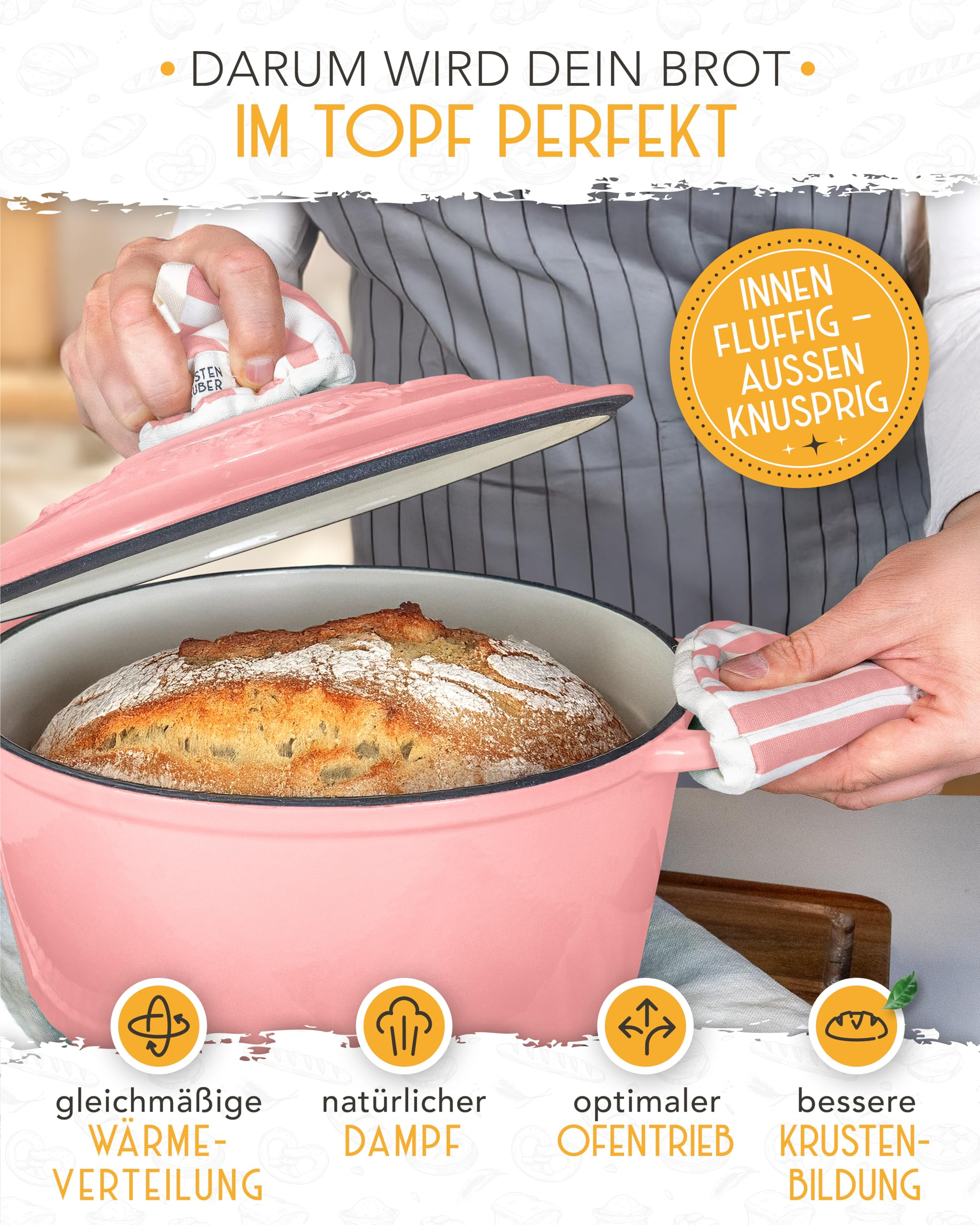 Une personne ouvre une casserole rose contenant du pain frais, entourée de texte promotionnel.