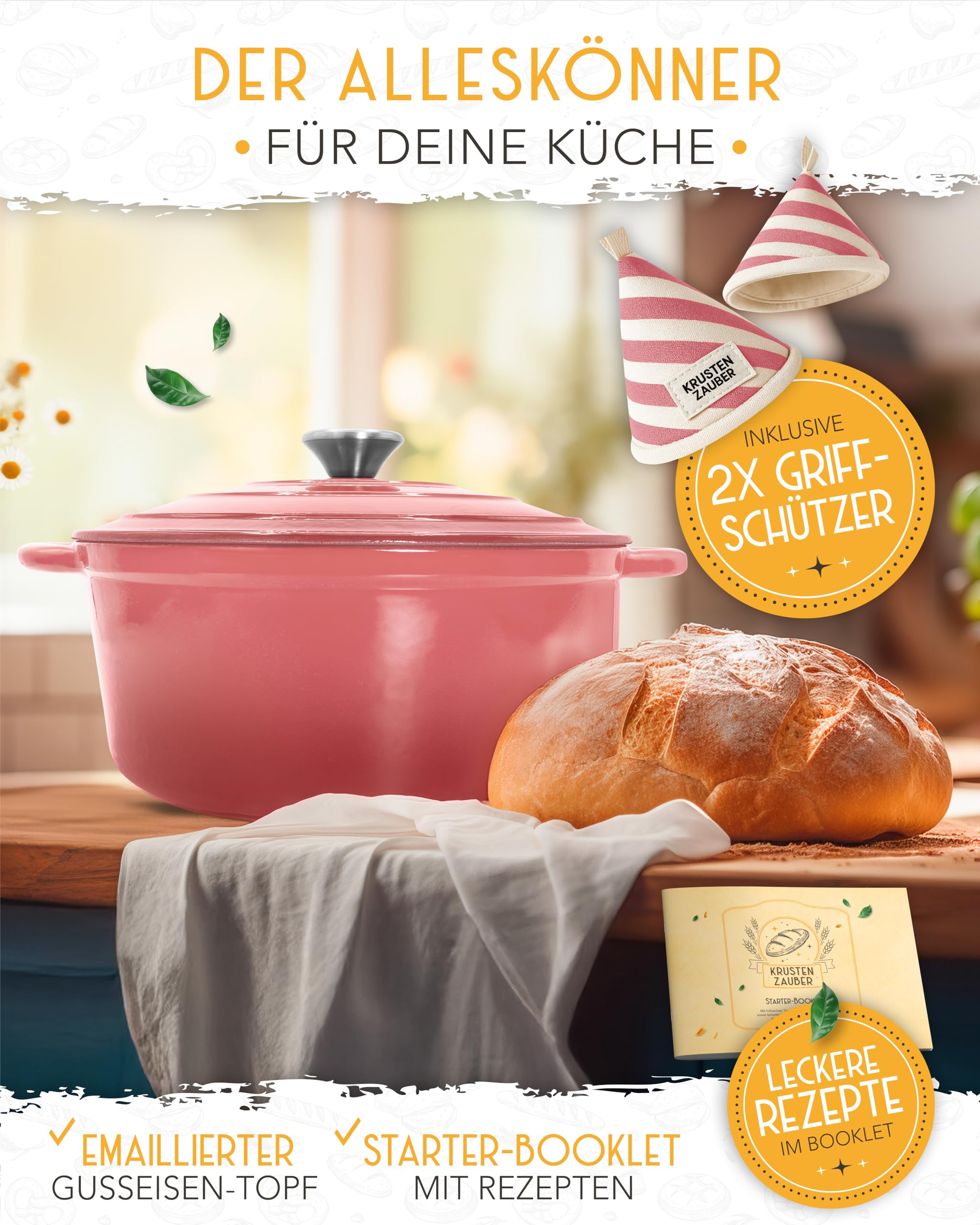 Une cocotte en fonte rose, du pain frais, des maniques et un livret de recettes.