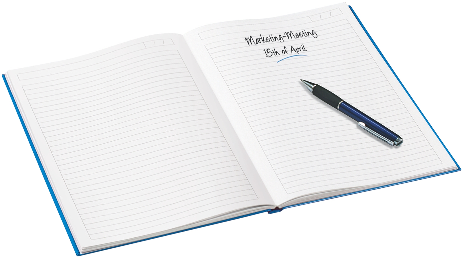 Ein offenes linierte Notizbuch mit einem blauen Kugelschreiber. Auf der Seite steht Marketing-Meeting 15th of April.