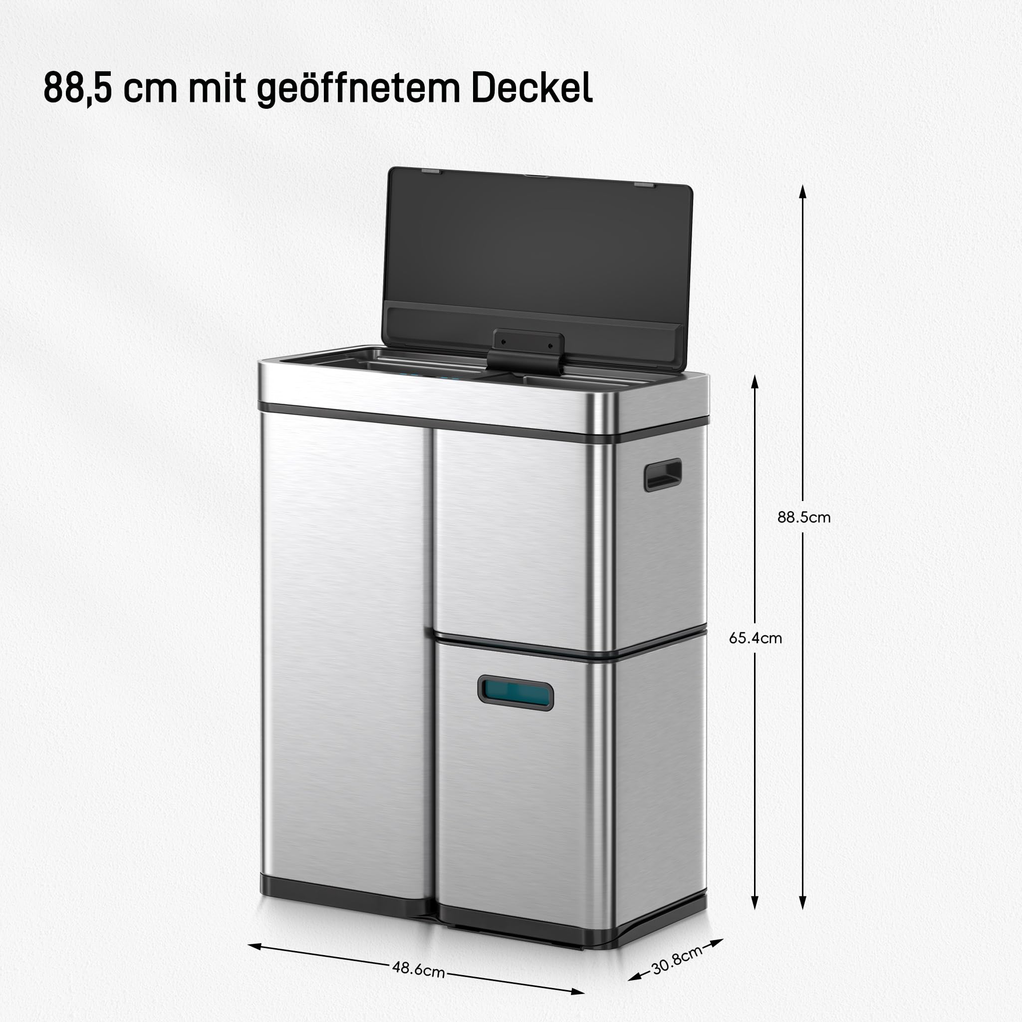 Edelstahl-Mülleimer mit offenem Deckel und Maßangaben für Höhe, Breite und Tiefe auf weißem Hintergrund.