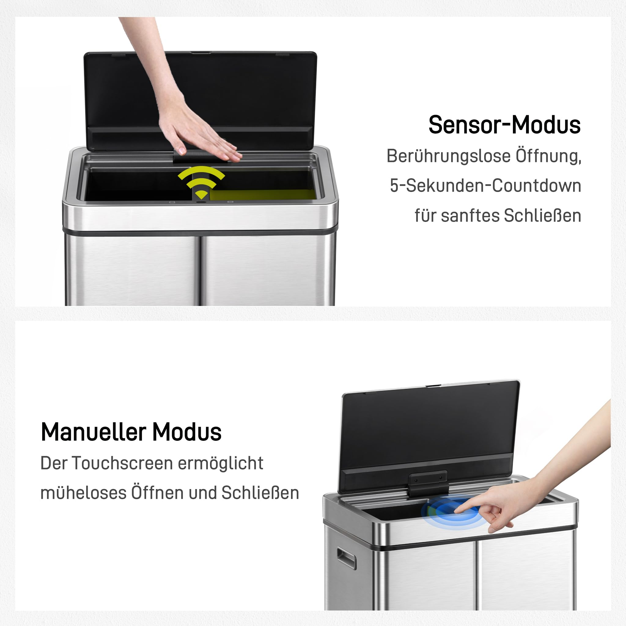 Sensor- und manueller Modus eines Edelstahl-Mülleimers mit Touchscreen und Öffnungsmechanismus.
