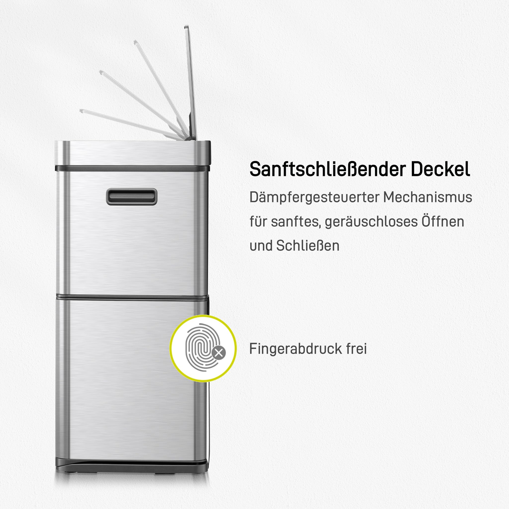 Edelstahl Mülleimer mit Soft-Close-Deckel und Fingerabdruckschutz.