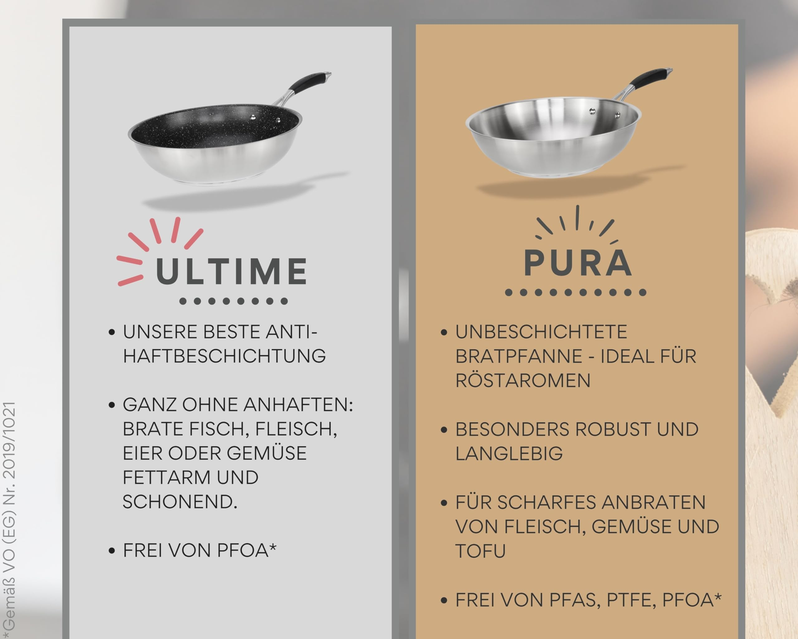 Image promotionnelle de deux modèles de poêles, Ultime avec revêtement antiadhésif et Pura en acier inoxydable.