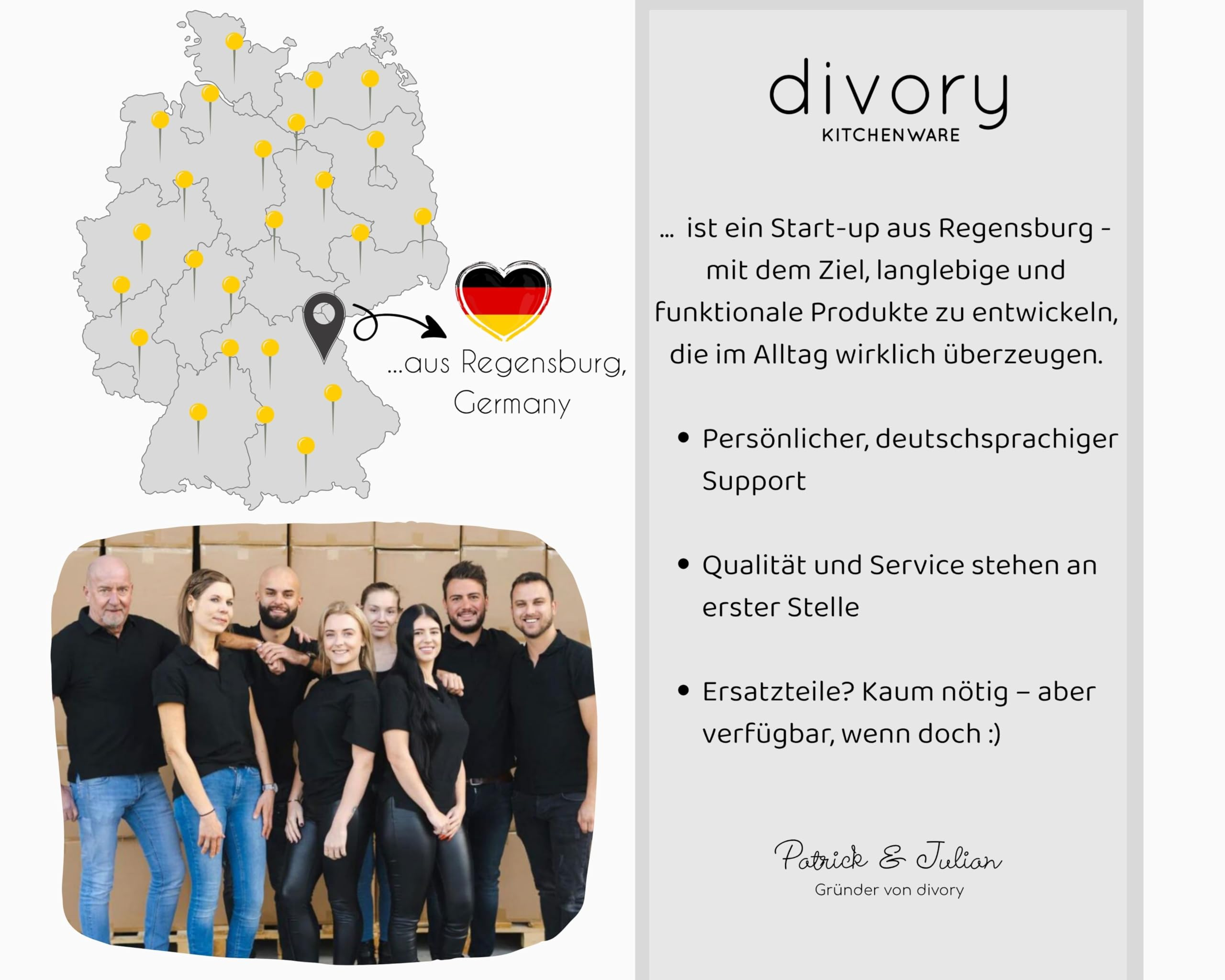 Startup Divory Kitchenware de Ratisbonne avec photo d'équipe et carte d'Allemagne.