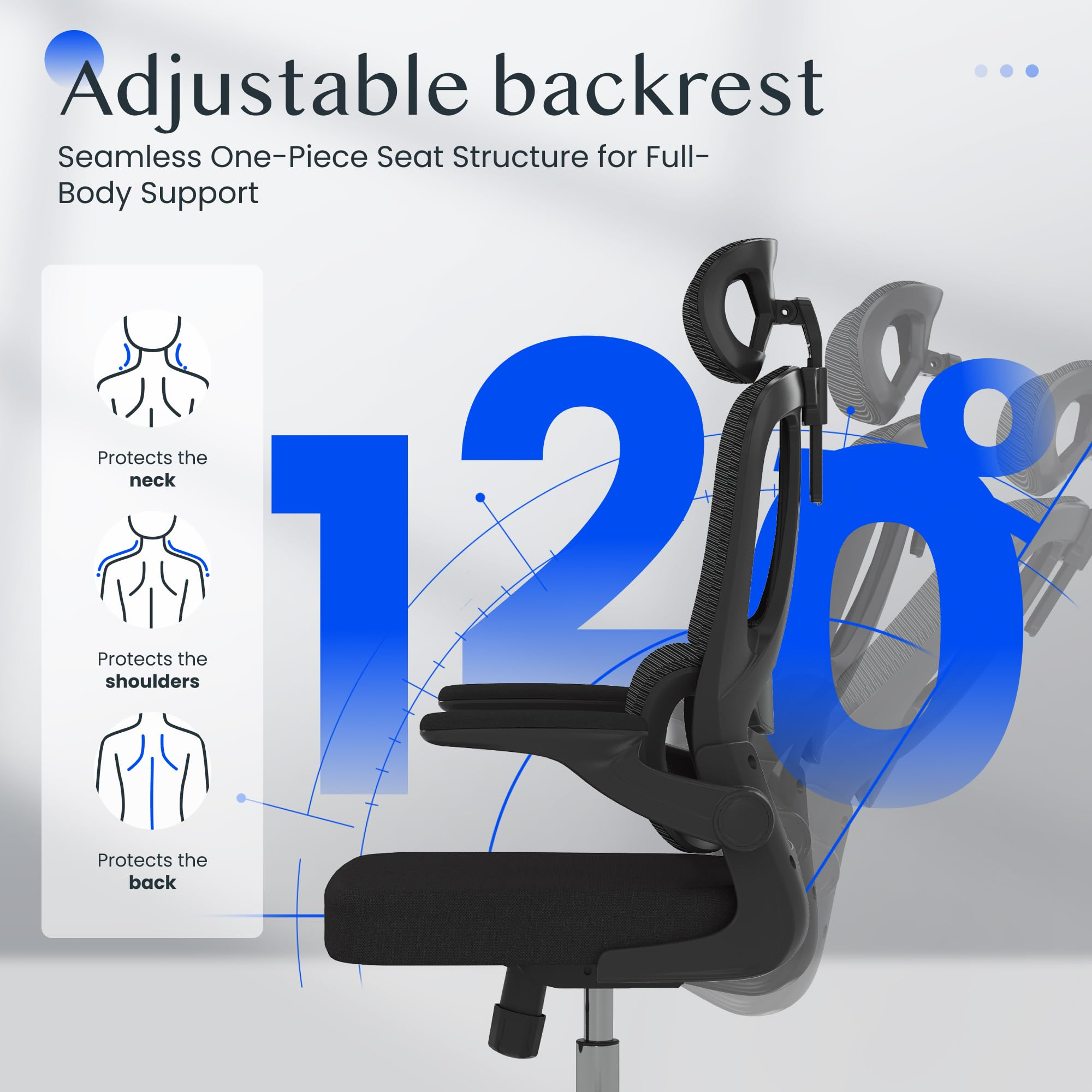 Ergonomischer Stuhl mit verstellbarer Rückenlehne bis 120 Grad und Schutz für Nacken, Schultern und Rücken.