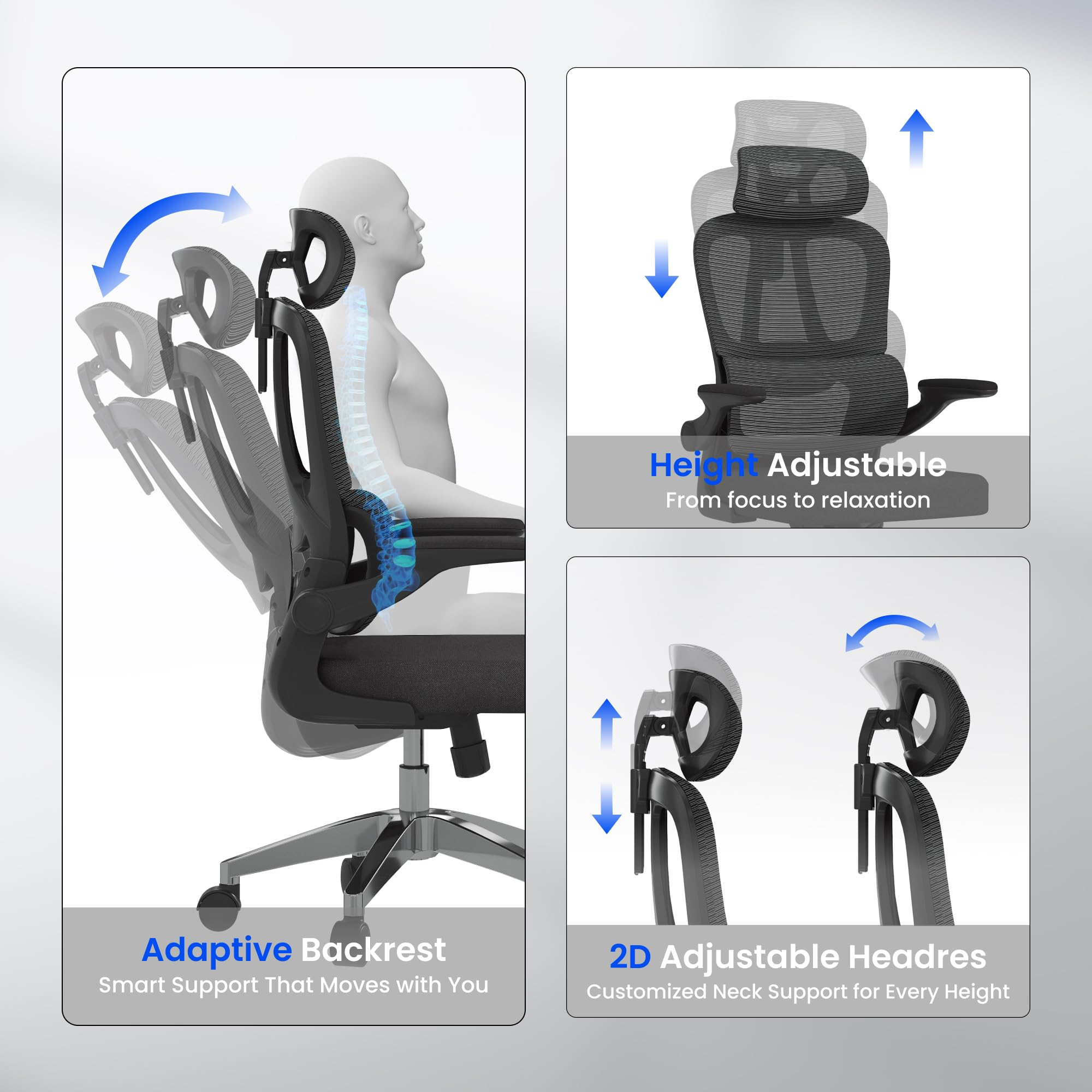 Grafik zeigt anpassbare Ergonomie eines schwarzenBürostuhls mit verstellbarer Rückenlehne, Höhe und Kopfstütze.