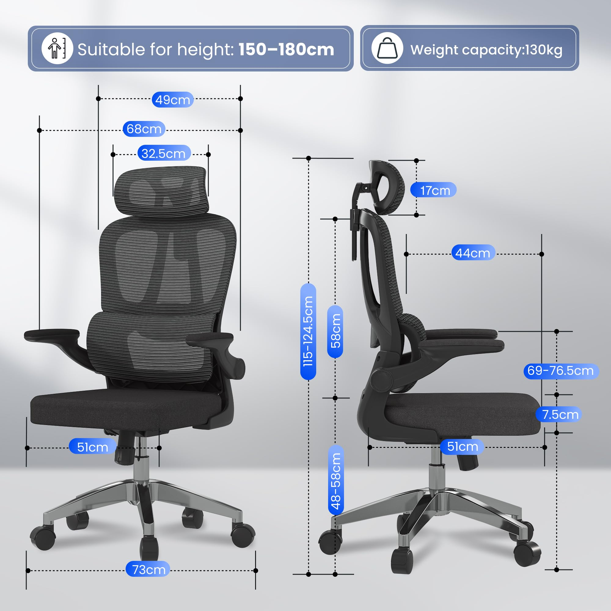 Vorder- und Seitenansicht eines ergonomischen schwarzen Bürostuhls mit Maßen und Gewicht.