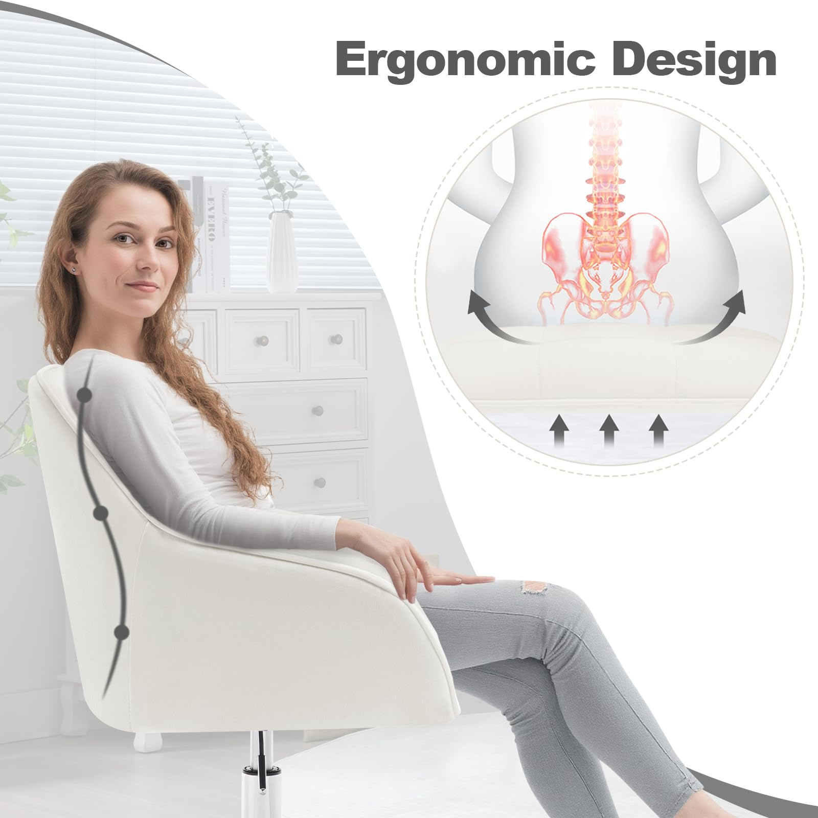 Eine Frau sitzt in einem ergonomischen Stuhl, mit Einsatz zur Wirbelsäulen- und Hüftausrichtung.