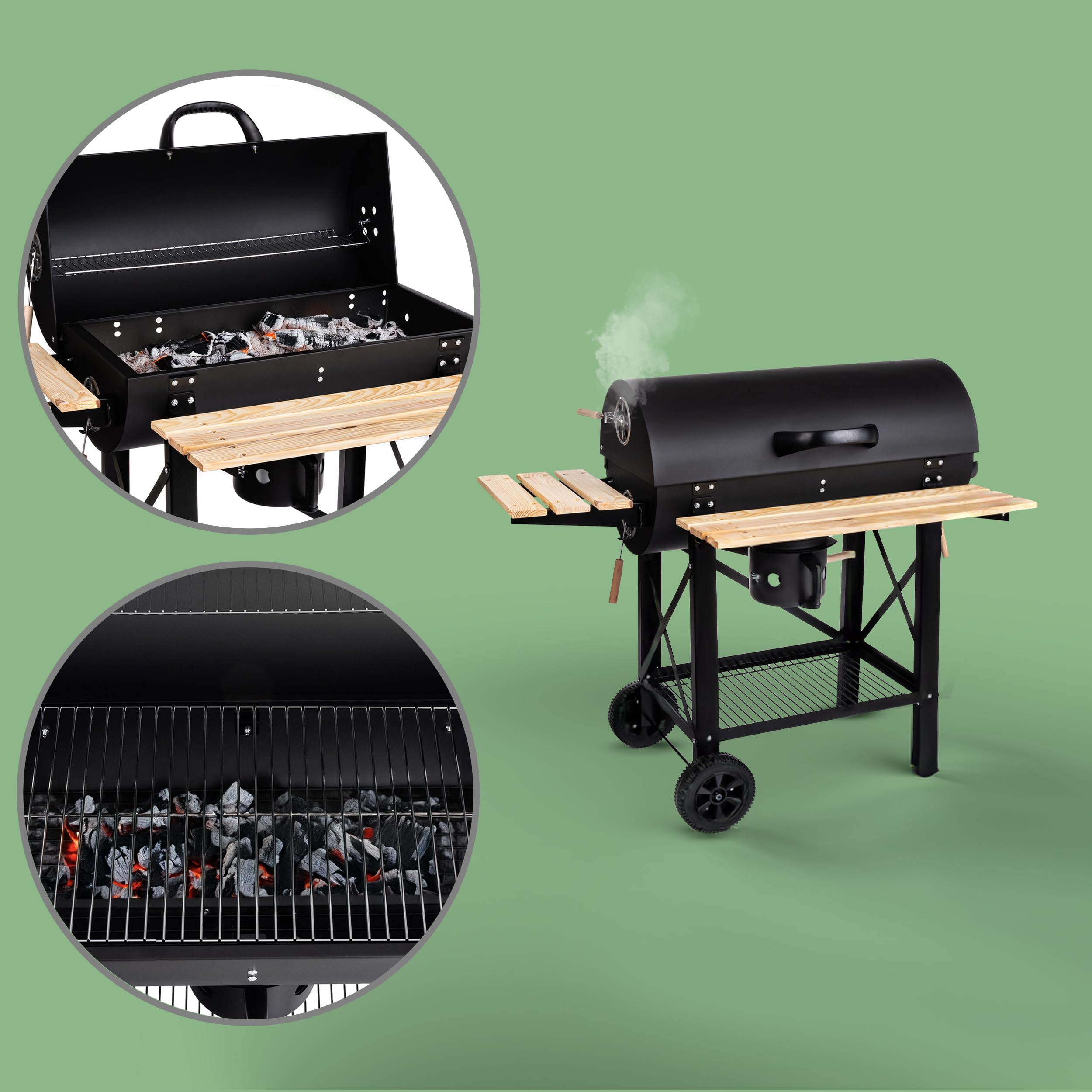 Un barbecue au charbon noir avec des étagères en bois et deux encarts circulaires montrant l'intérieur.