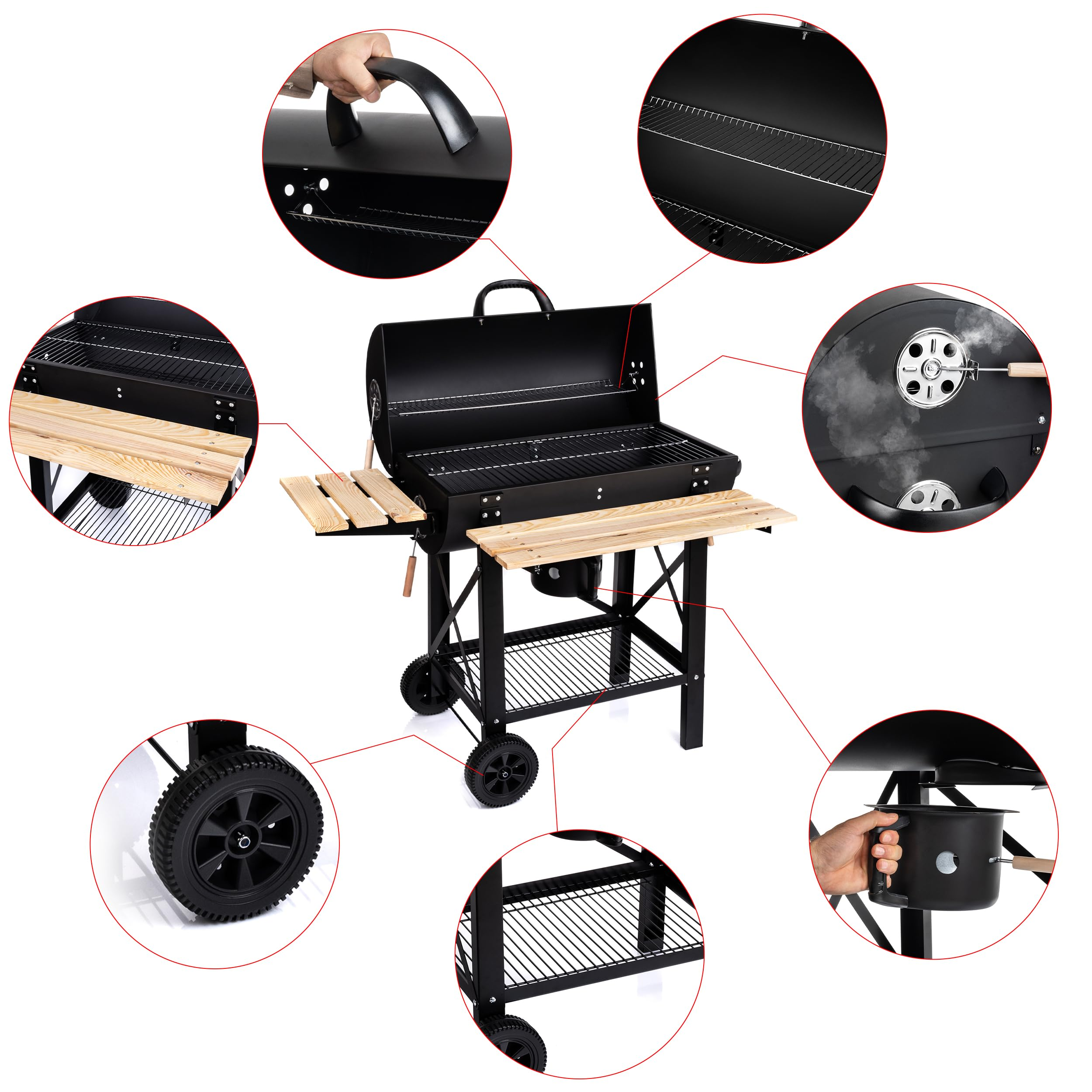 Un barbecue au charbon noir avec des étagères en bois, des roues et des cercles agrandis montrant poignées et évents.