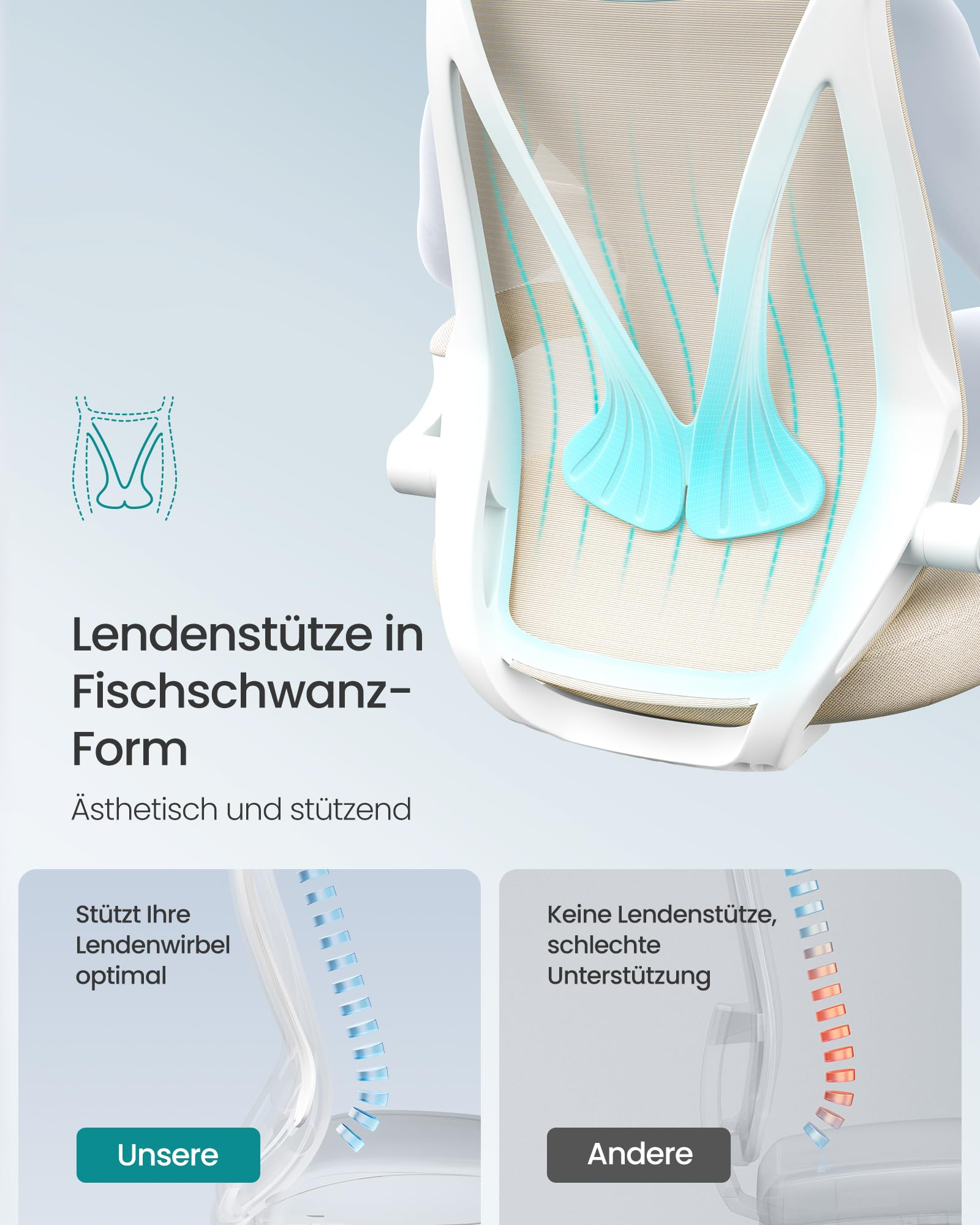 Gros plan sur le dossier d'un fauteuil de bureau ergonomique avec un soutien lombaire en forme de queue de poisson.