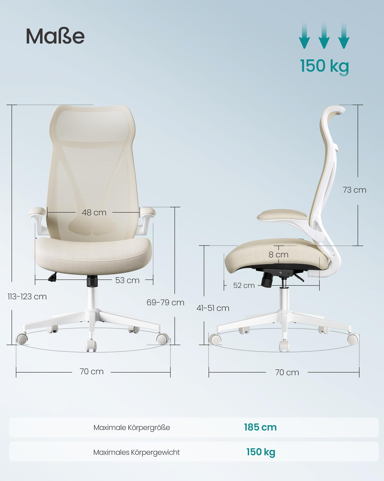 Diagramme montrant les dimensions d'une chaise de bureau blanche avec vues de face et de côté.