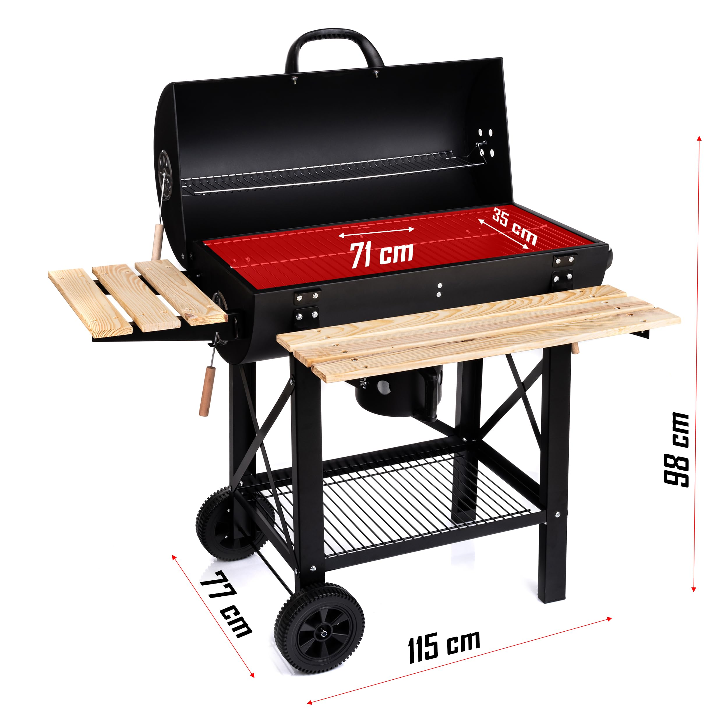 Grill noir avec tablettes en bois, grilles rouges et dimensions sur fond blanc.