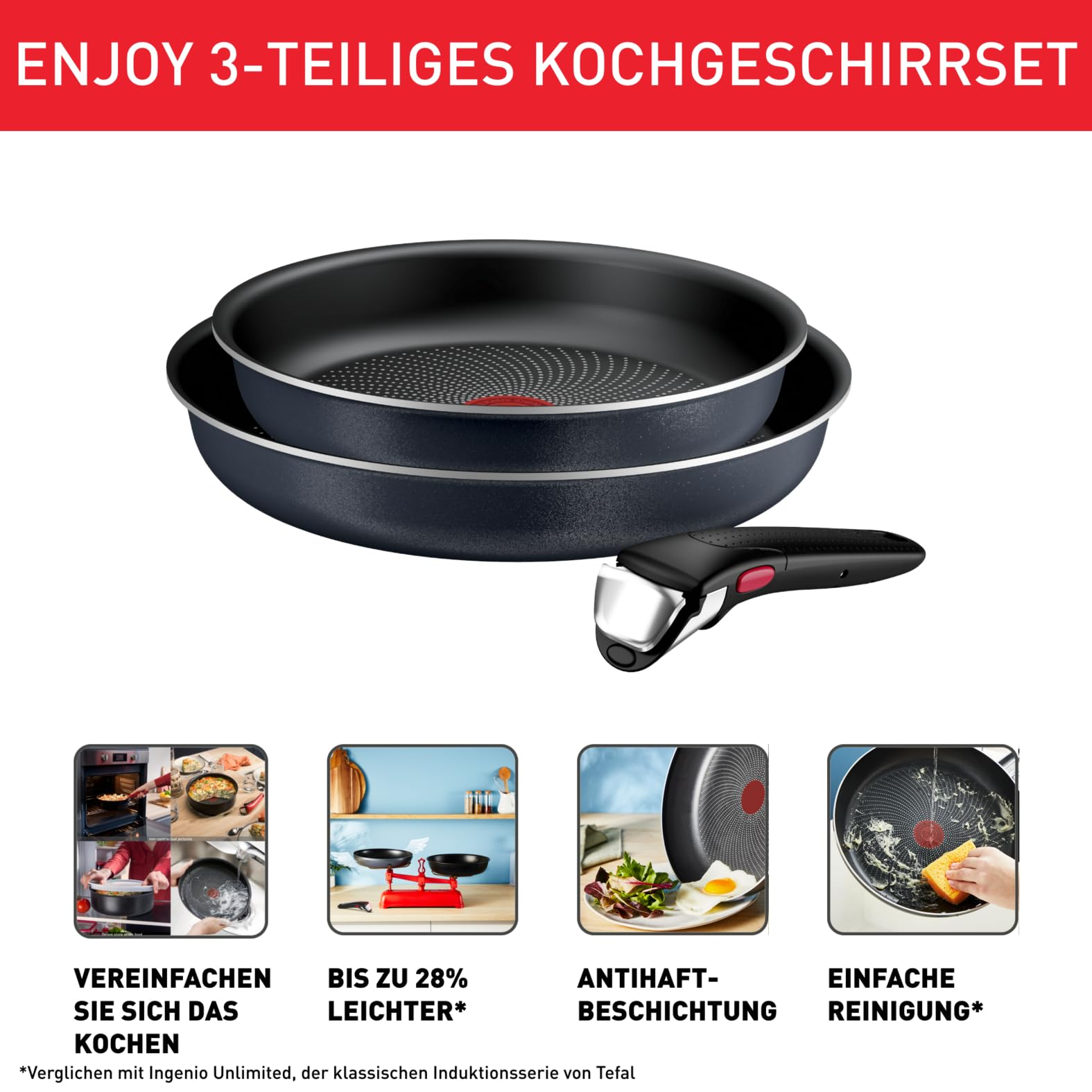 Set de cuisine Tefal 3 pièces avec deux poêles noires et une poignée amovible, avec quatre images de caractéristiques.