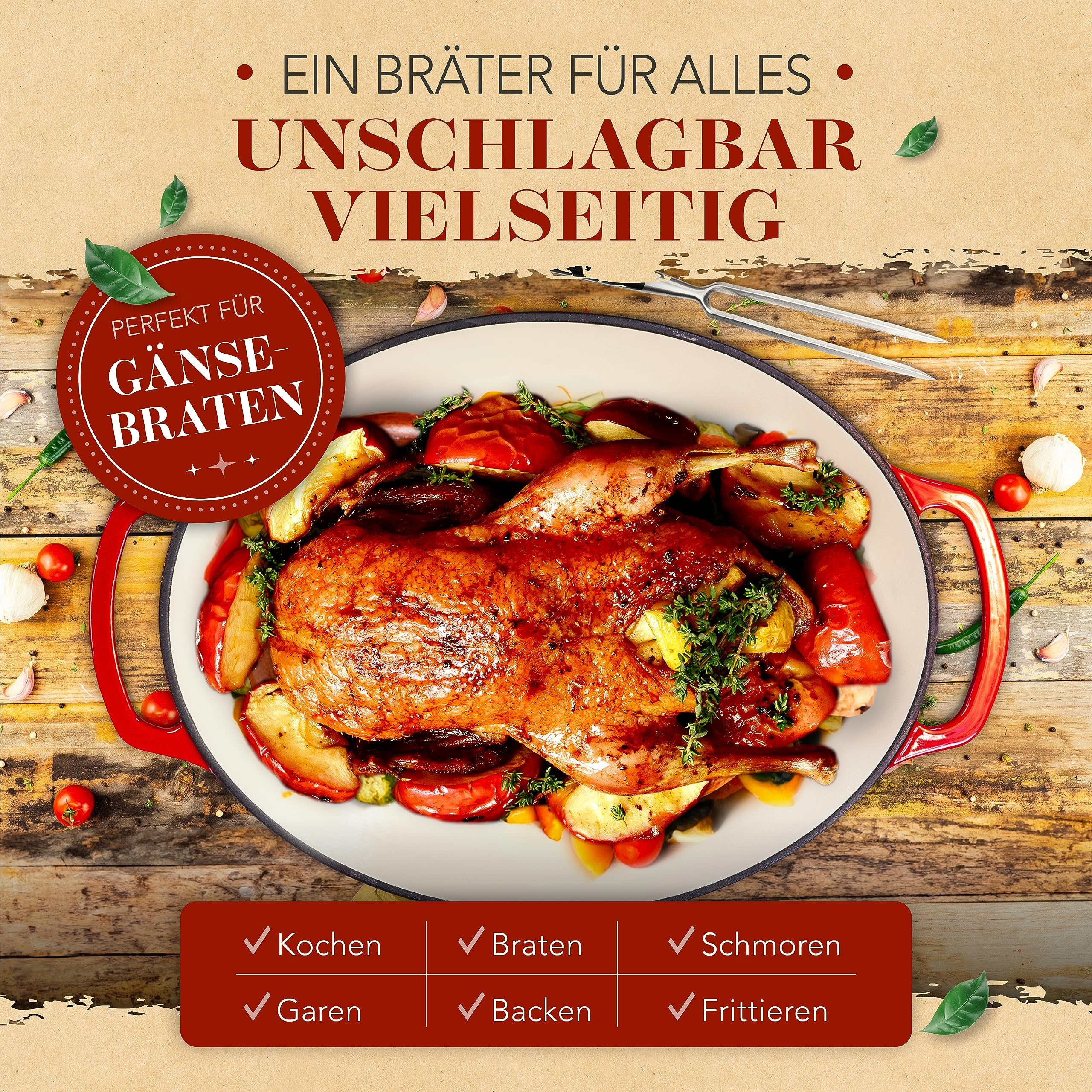 Ein Bräter mit gebratener Gans, Äpfeln und Kräutern auf Holzuntergrund mit Text.