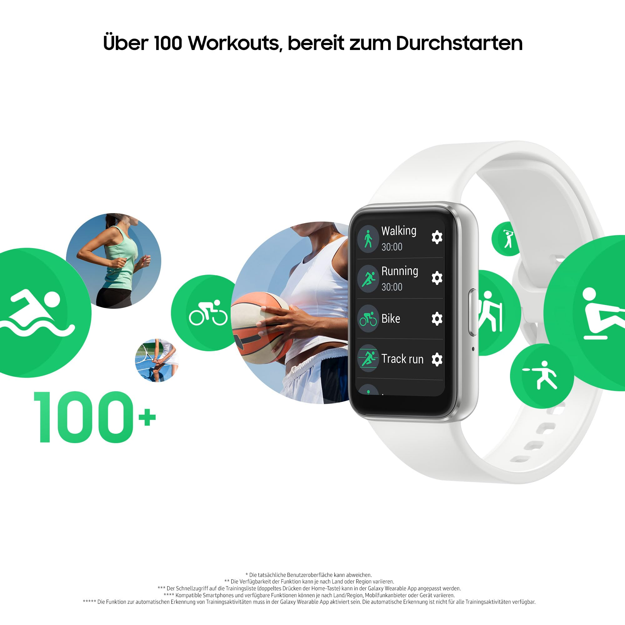 Smartwatch bianco con interfaccia per oltre 100 allenamenti, circondato da icone sportive.