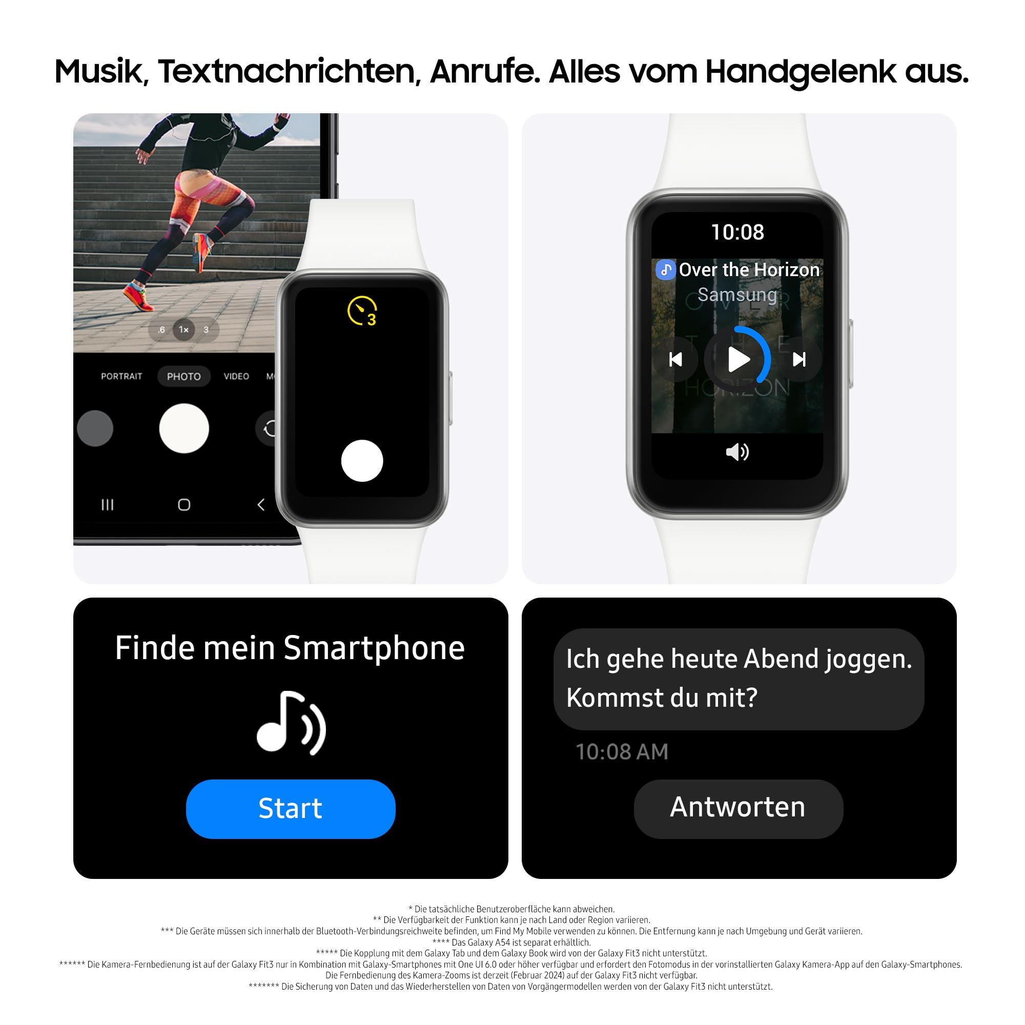 Smartwatch Samsung con funzioni di musica, fotocamera e messaggi.