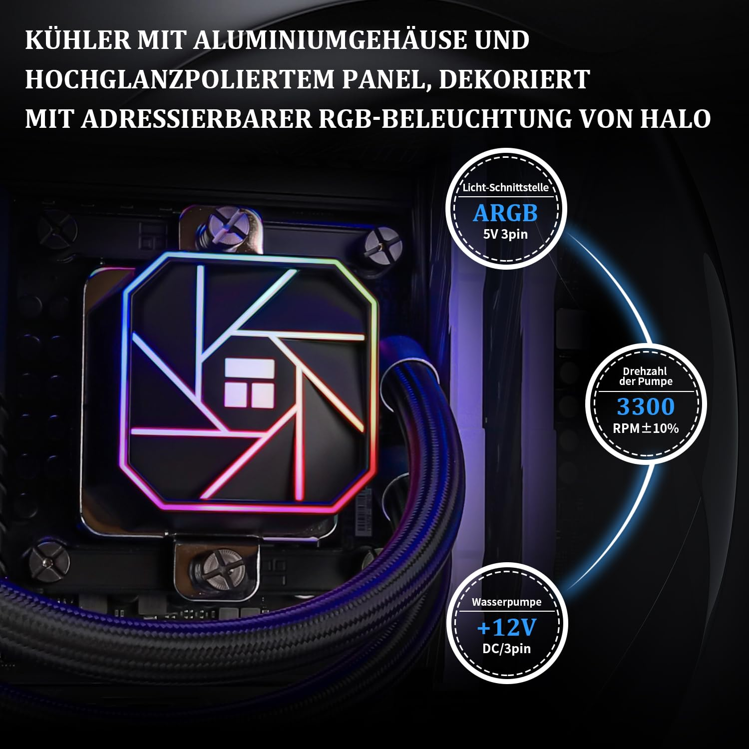 Un refroidisseur liquide avec éclairage RGB et spécifications techniques ARGB, 3300 RPM et 12V.