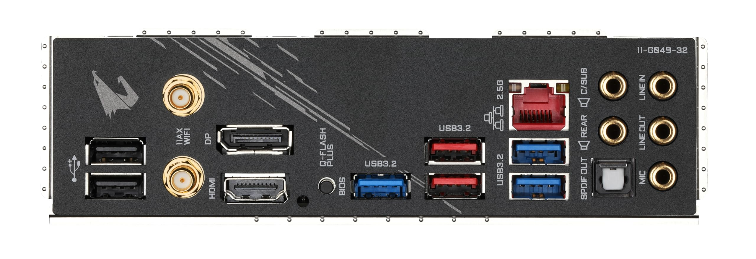 Pannello I/O posteriore di una scheda madre con porte USB, HDMI, DisplayPort, Ethernet e audio.