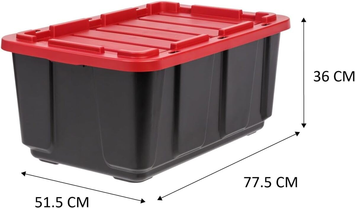 Scatola portaoggetti in plastica nera con coperchio rosso e misure in cm.
