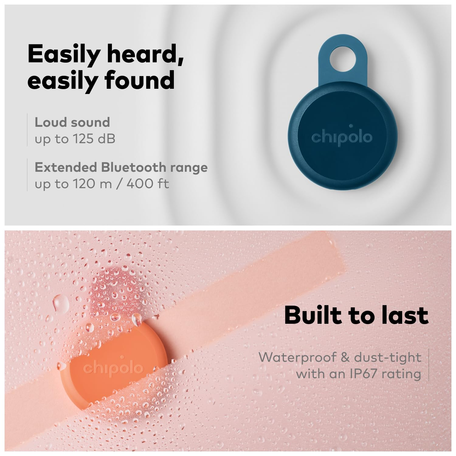 Zwei Produktfelder zeigen einen blauen Chipolo-Tracker mit Ton- und Reichweitentext sowie einen orangefarbenen Tracker mit Wassertropfen.