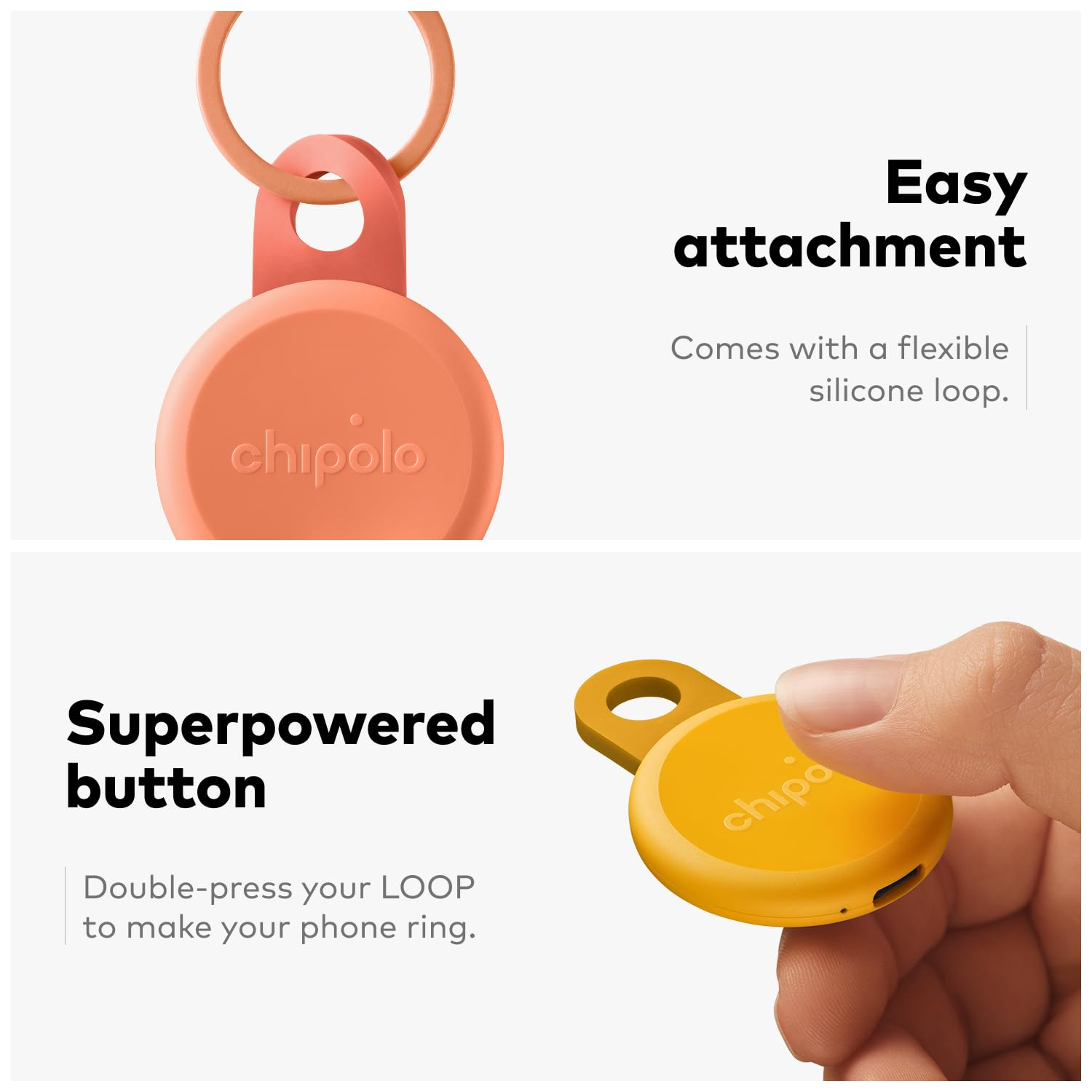 Werbebild für Chipolo Loop mit Schlagzeilen: Easy attachment mit Silikonschlaufe und Superpowered button zum Klingeln.
