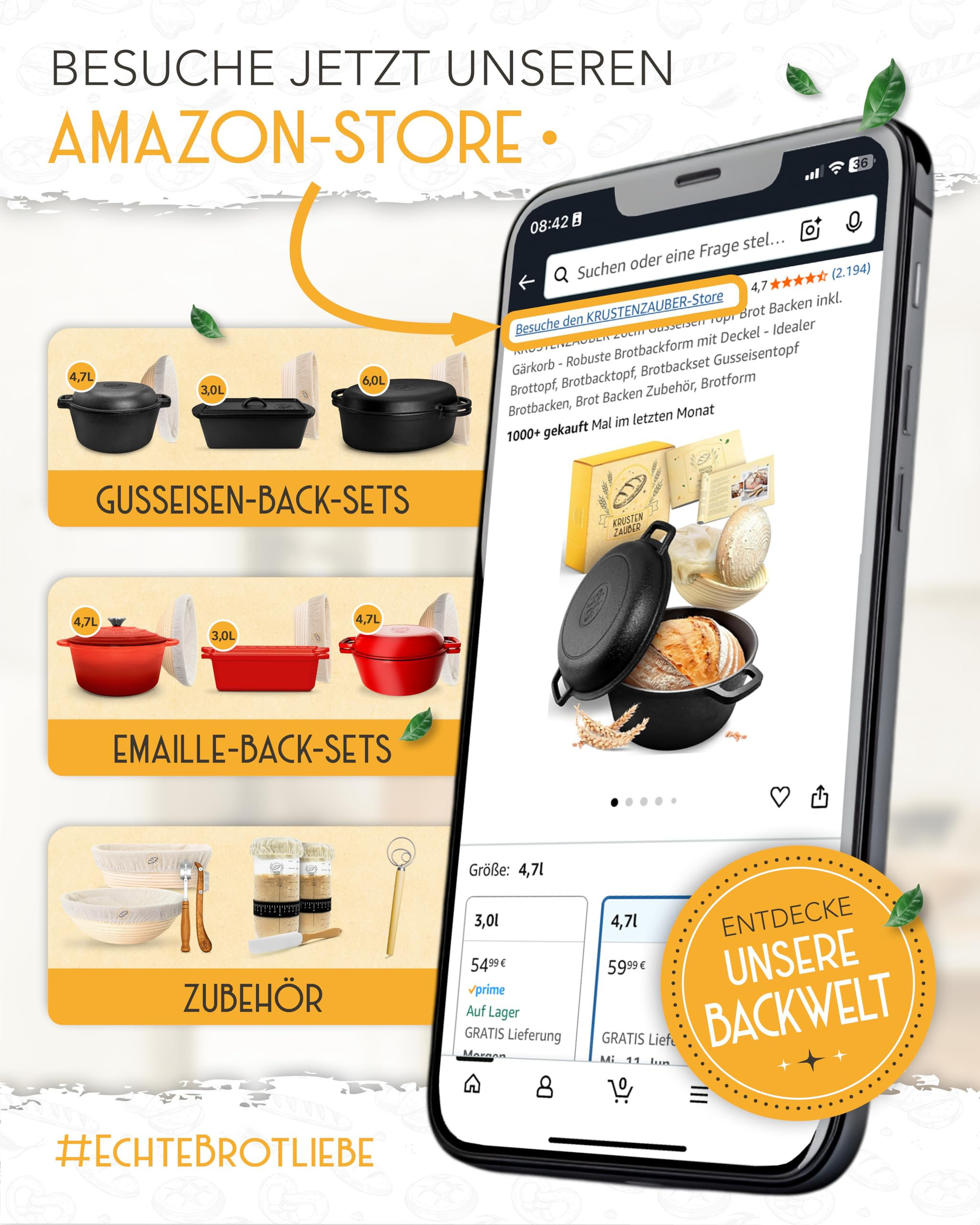 Smartphone zeigt Amazon-Shop für Krustenzauber Backsets, Emaille-Sets und Zubehör mit Brot.
