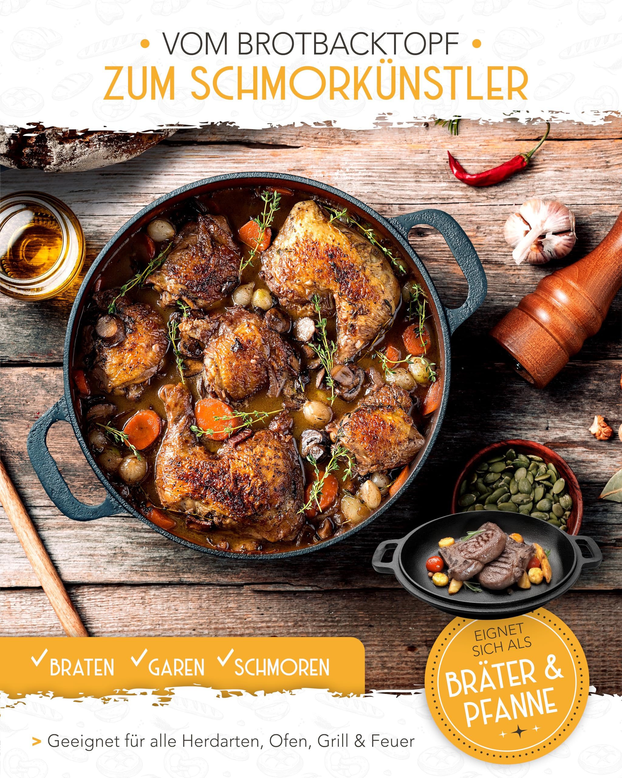 Ein gusseiserner Topf mit geschmortem Hähnchen, Karotten, Pilzen und Kräutern auf Holz.