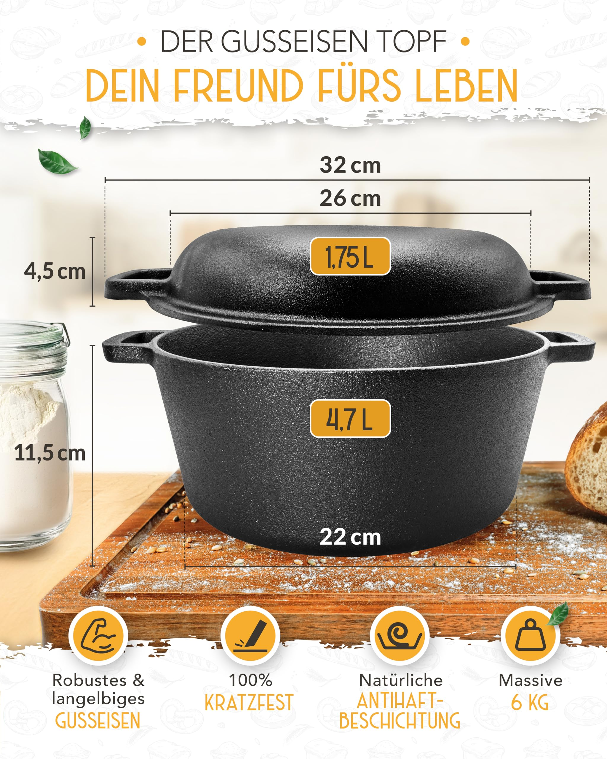 Ein schwarzer Gusseisentopf mit Maßen, Fassungsvermögen und Funktionssymbolen auf einem Holzbrett.