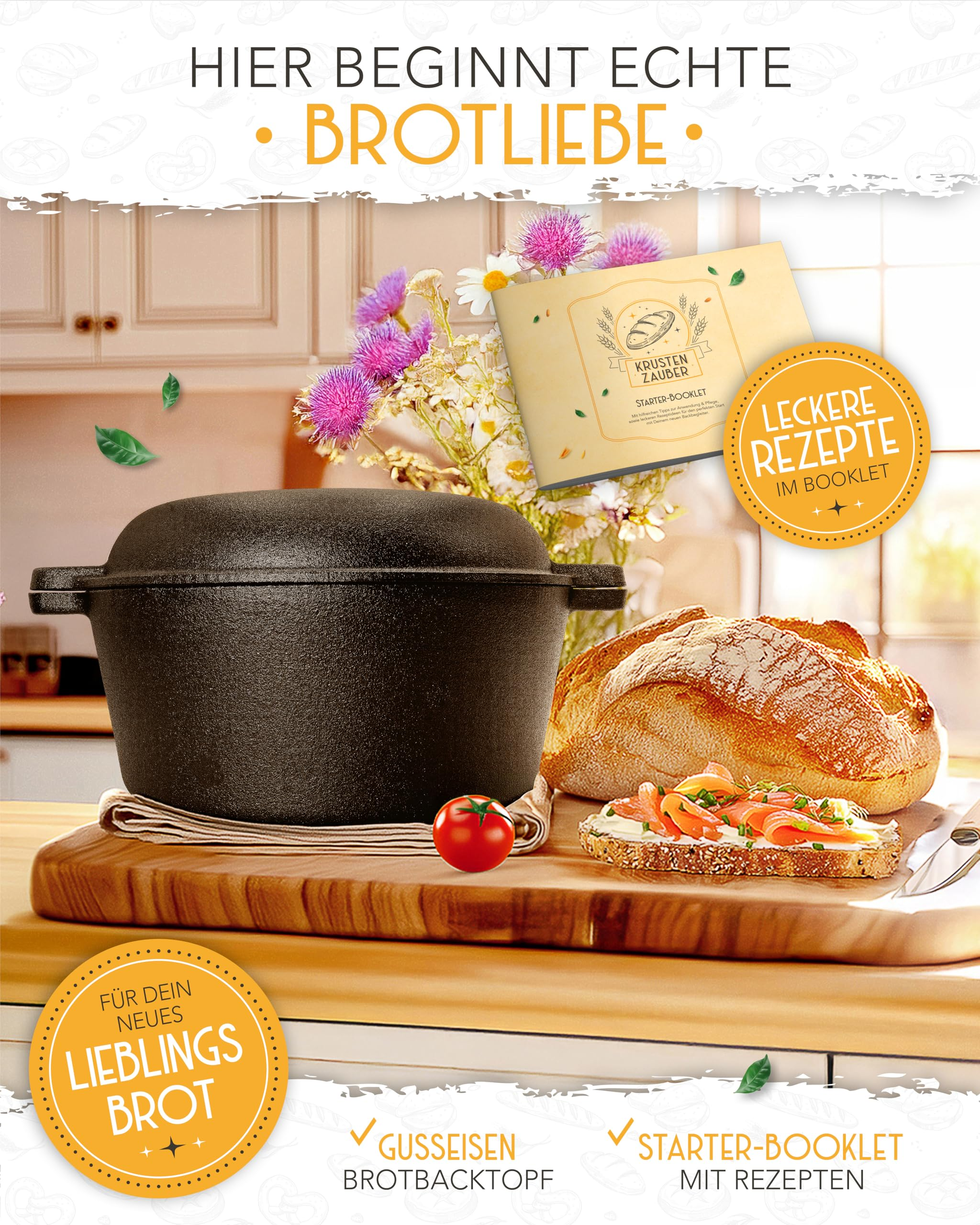 Schwarzer Gusseisentopf auf Holztisch mit Brot, Tomate, Rezeptheft und Blumen im Hintergrund.