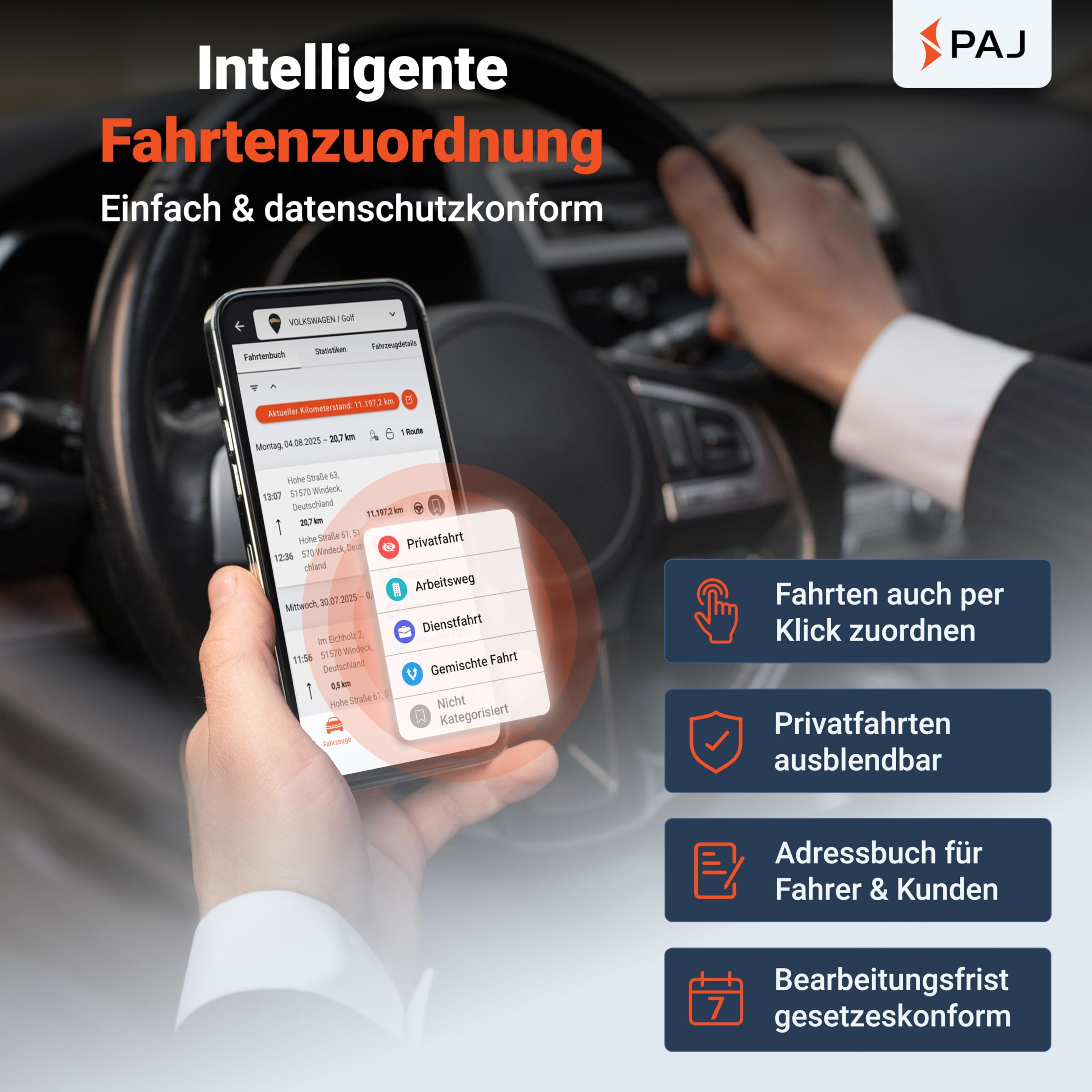 Smartphone affichant une application d'attribution de trajets devant le volant.