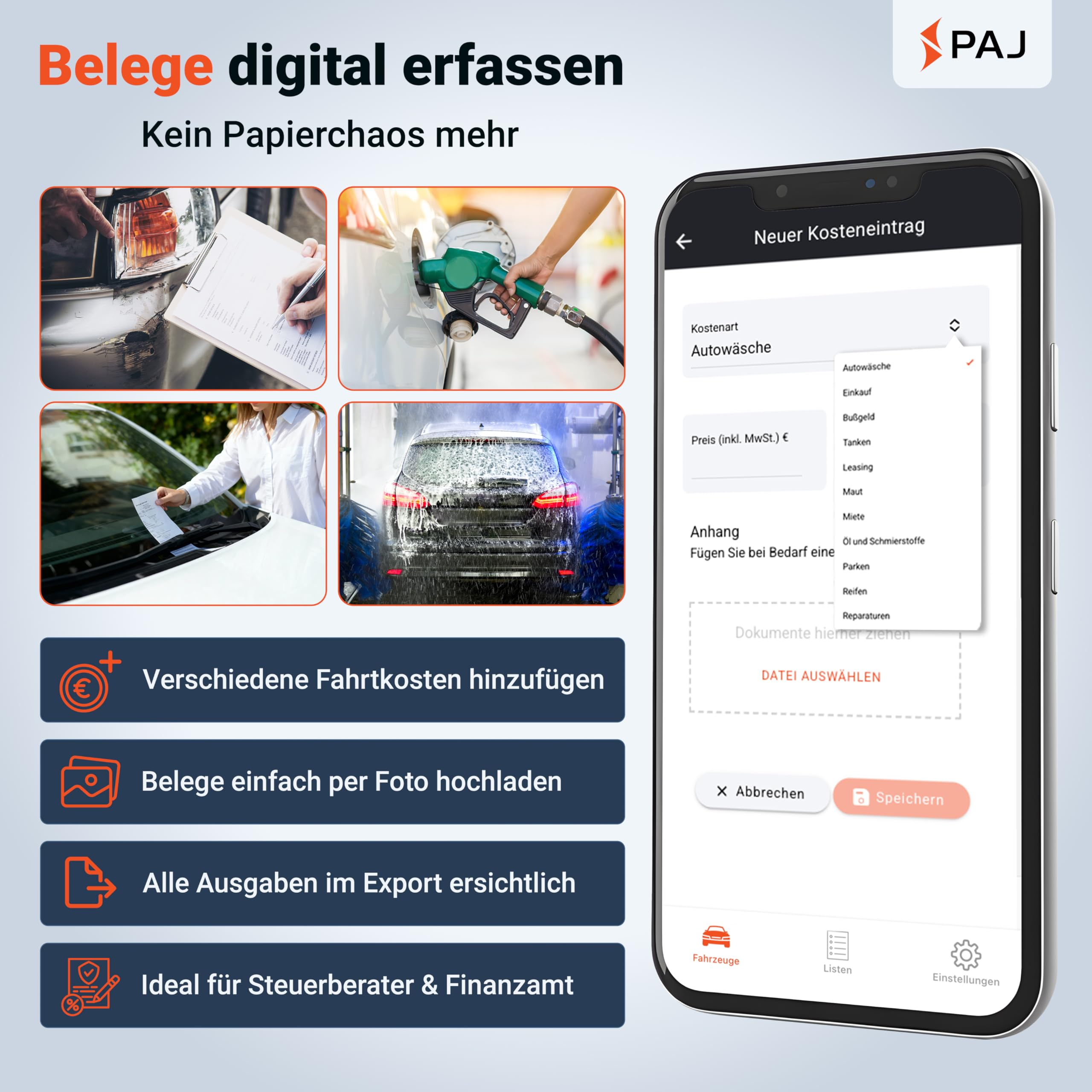 Smartphone affichant une application de frais de voiture avec des photos de reçus.