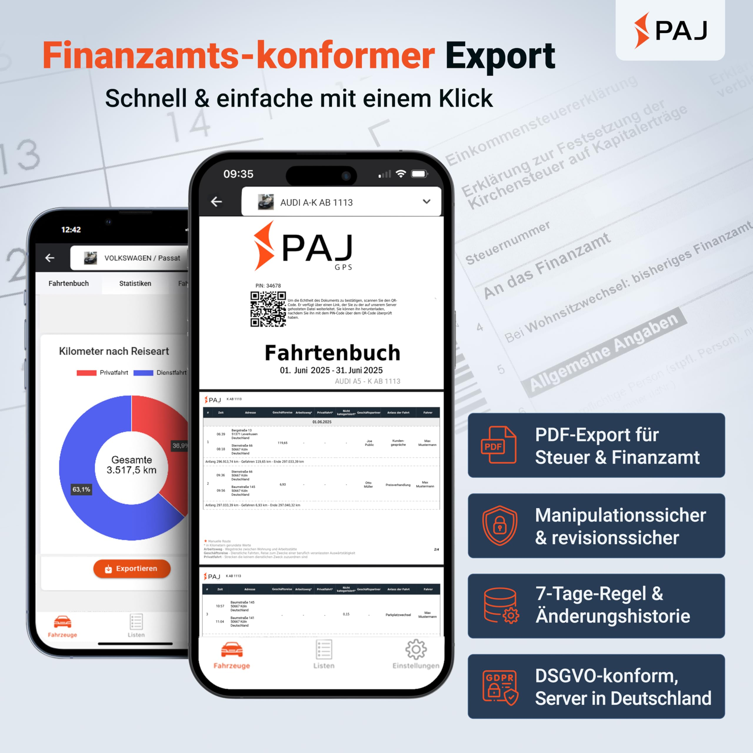 Des écrans de smartphone affichent l'app PAJ GPS avec carnet de route et export compatible fiscalement.