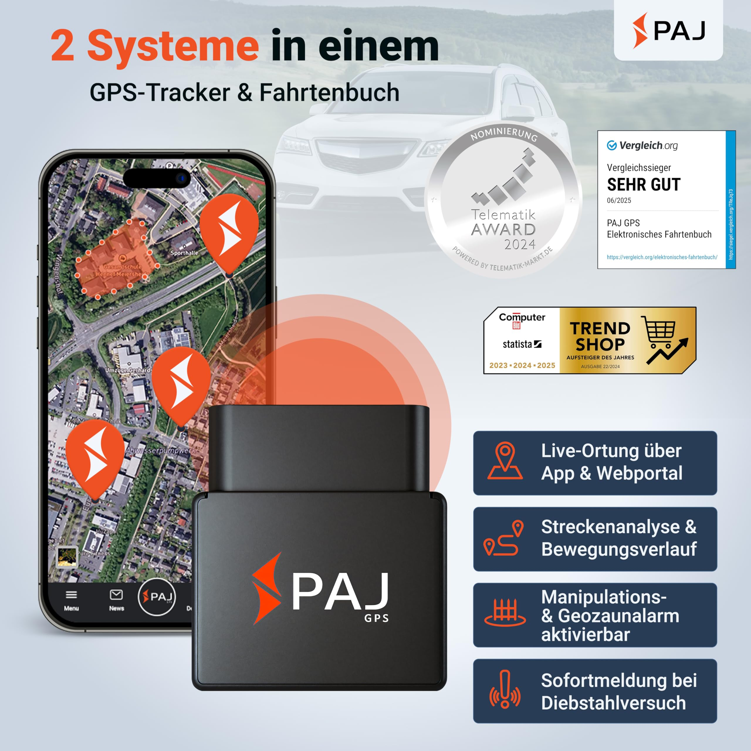 Traceur GPS PAJ avec application mobile et voiture en arrière-plan, plus des prix.