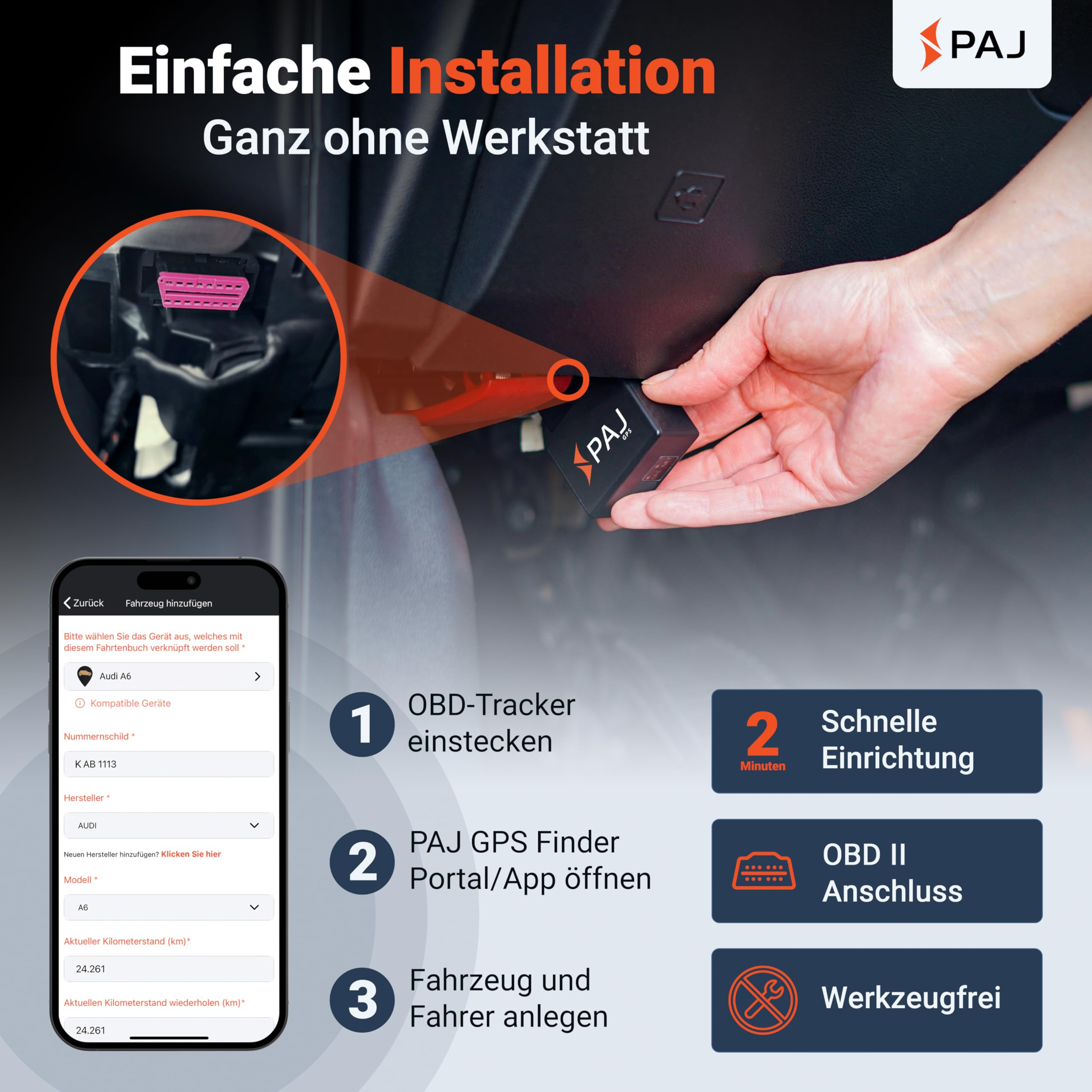Une main branche un traceur GPS OBD dans la voiture, avec les étapes d'installation.