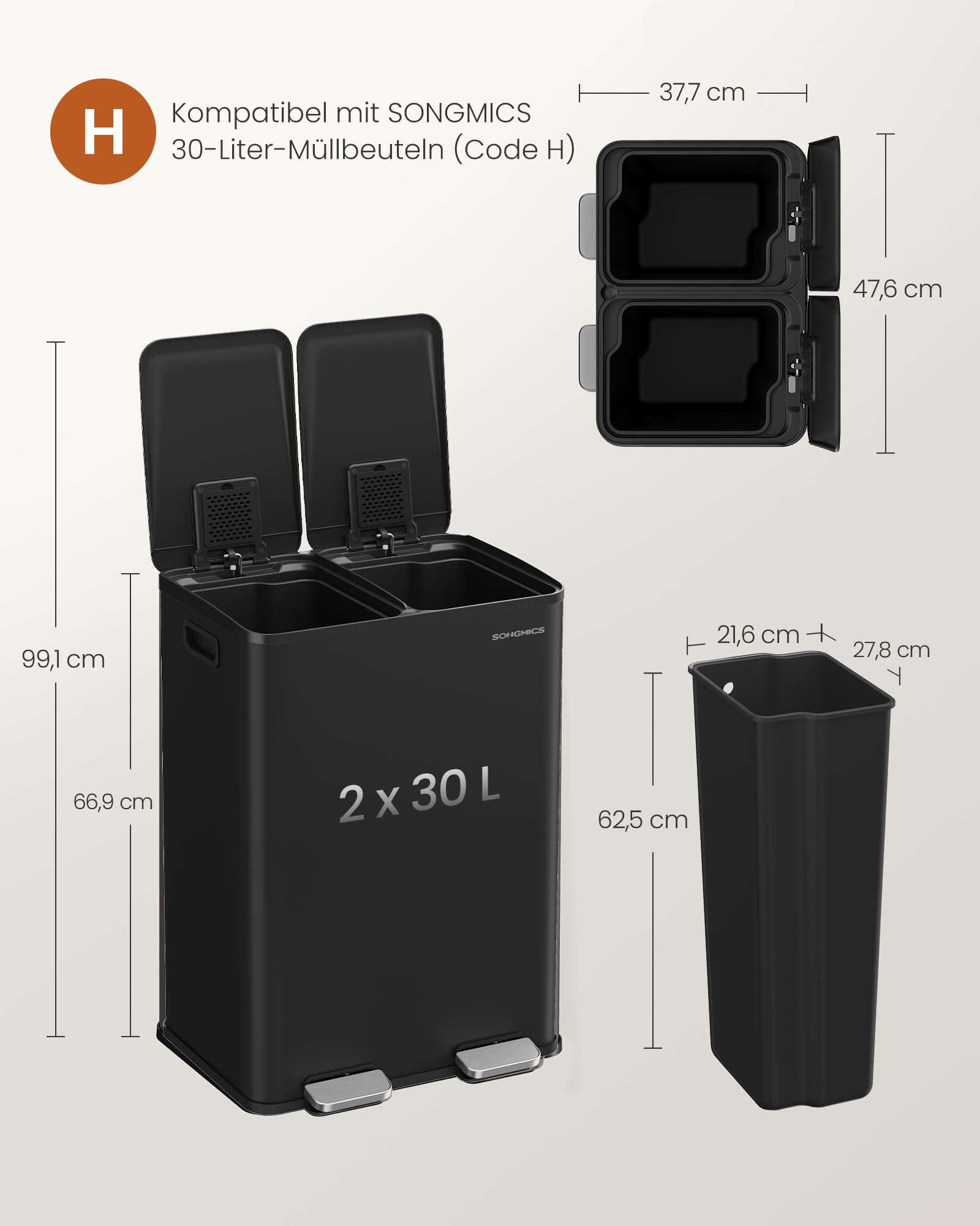 Schwarzer 2x30L Mülleimer mit Pedalen und Maßangaben für Höhe und Breite.