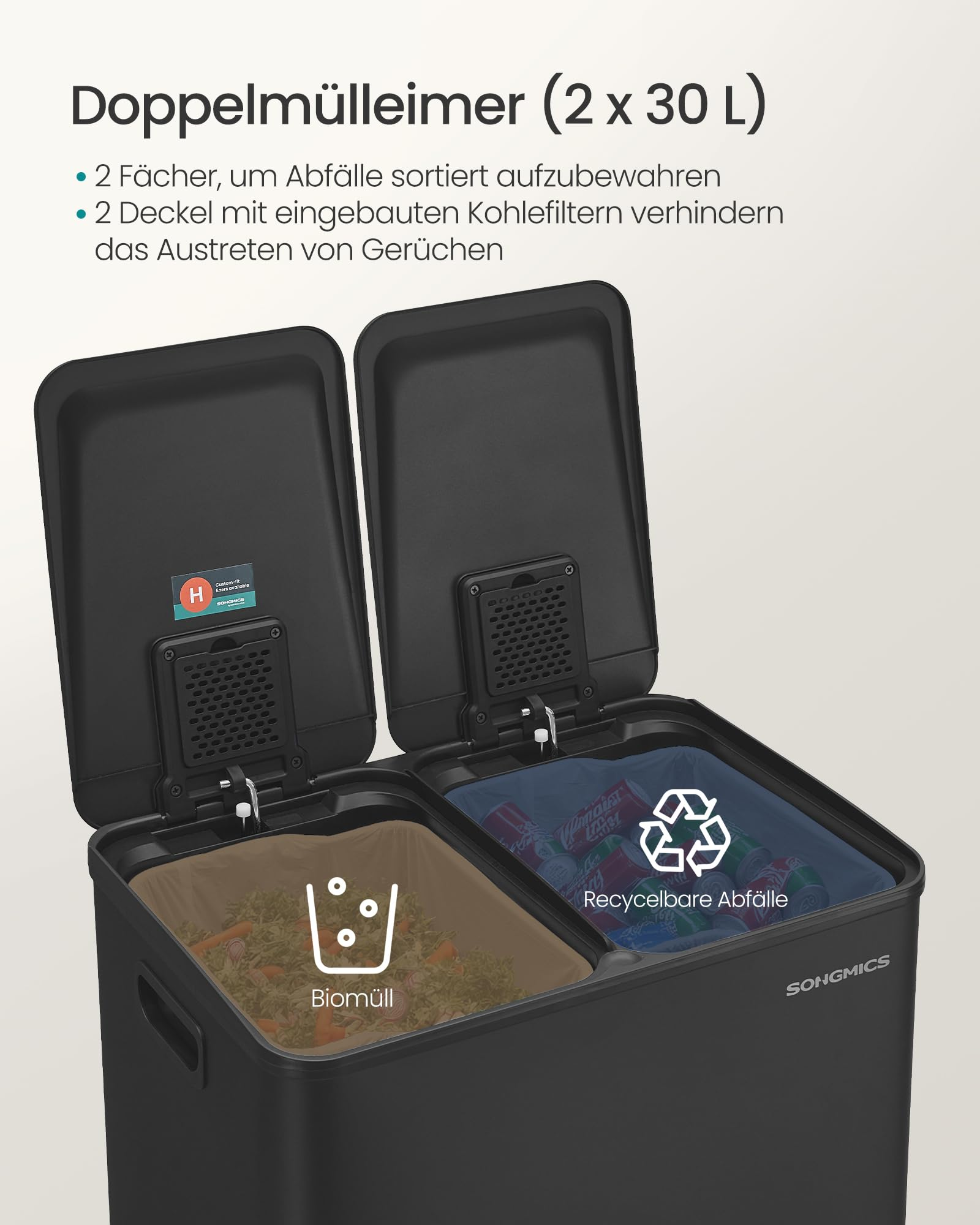 Schwarzer Doppel Mülleimer mit zwei offenen Fächern für Biomüll und recycelbare Abfälle.
