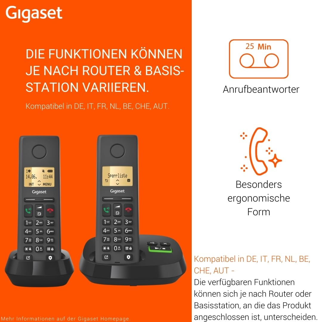 Telefoni Gigaset con segreteria telefonica e forma ergonomica su sfondo arancione.