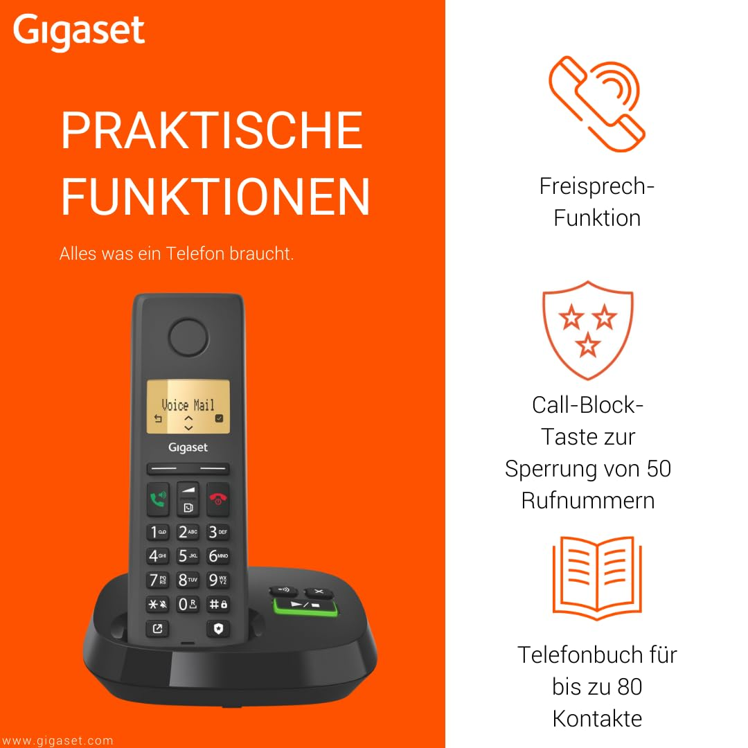 Telefono Gigaset su base con icone vivavoce, blocco chiamate e rubrica.