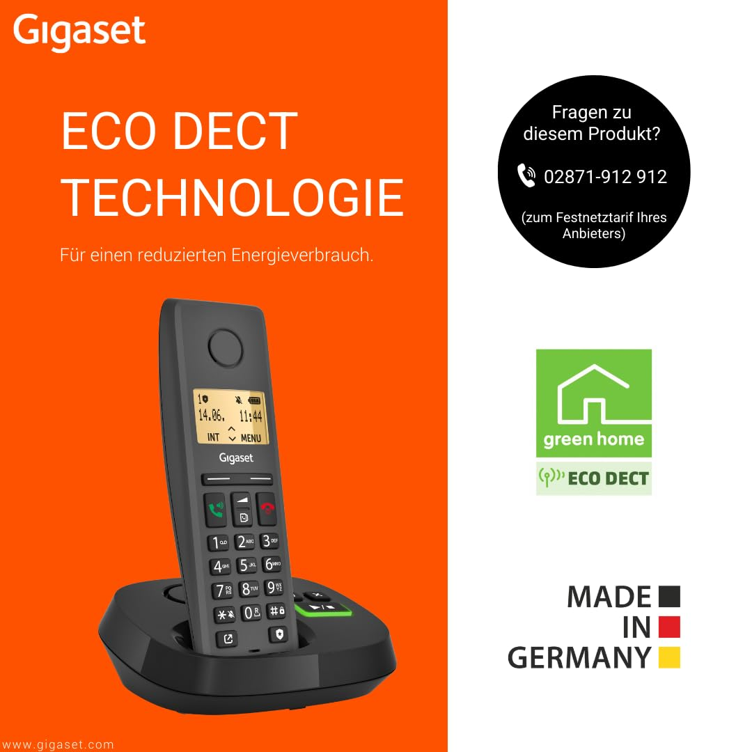 Telefono Gigaset sulla base di ricarica su sfondo arancione con testo e icone.