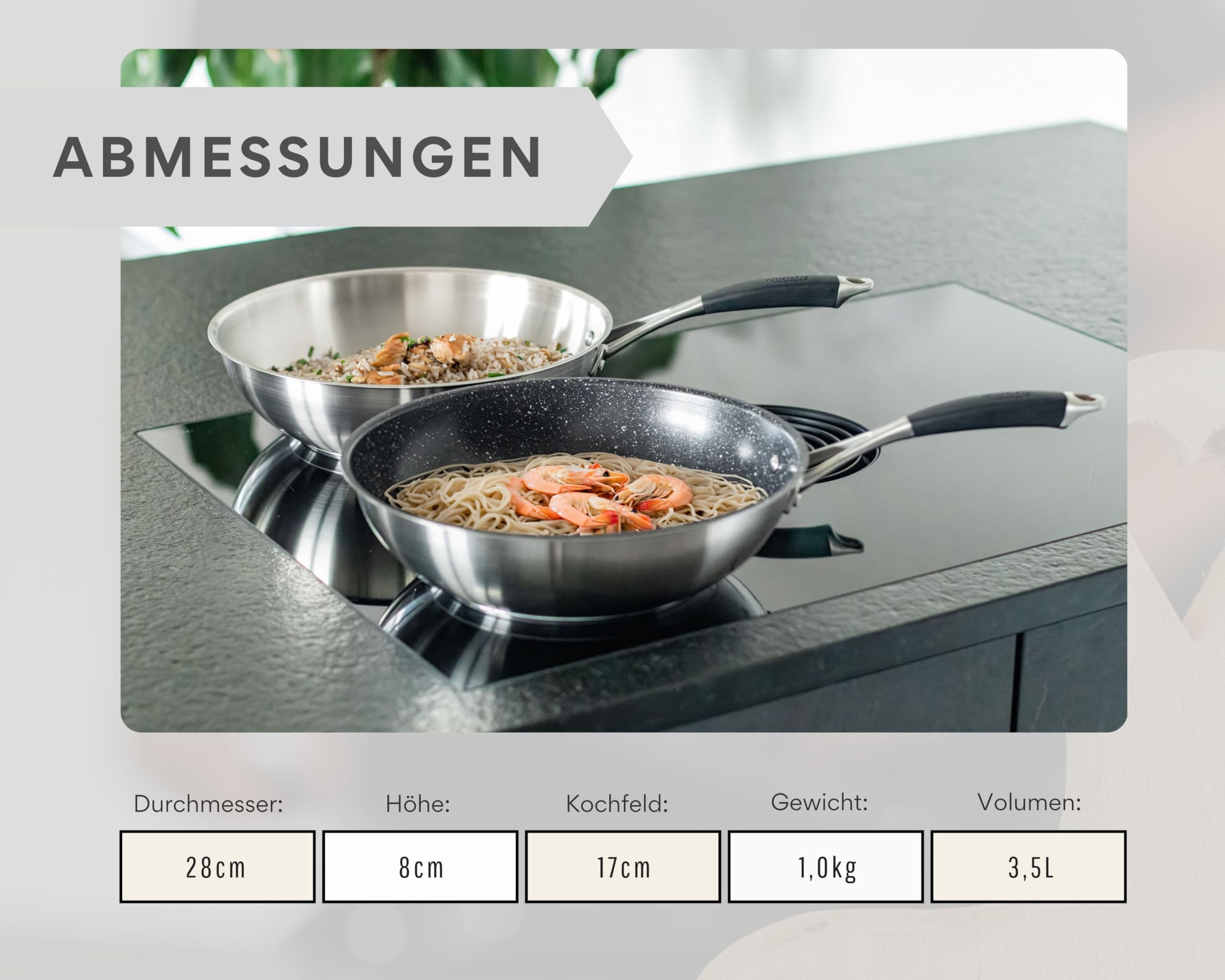 Deux poêles en acier inoxydable avec de la nourriture sur une cuisinière, entourées de spécifications de dimensions.