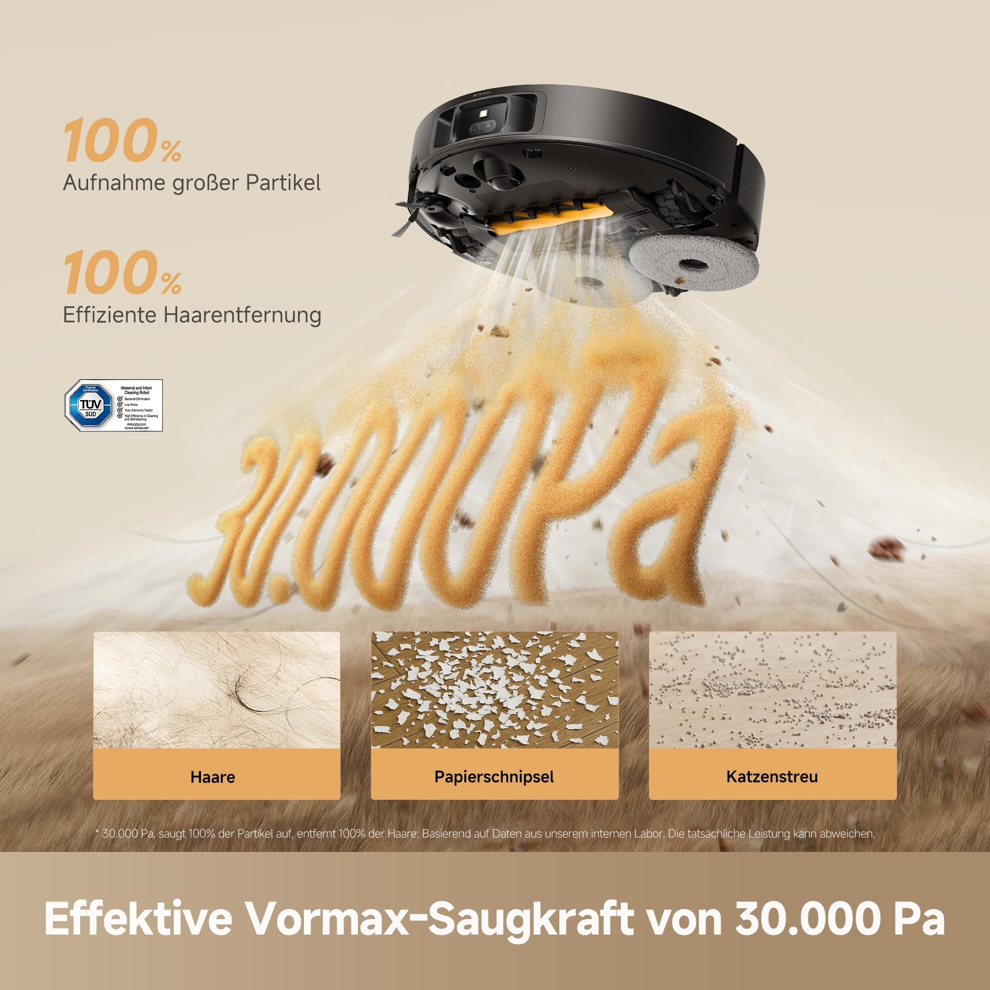 Odkurzacz automatyczny o mocy ssania 30000 Pa zbiera włosy, papier i żwirek.