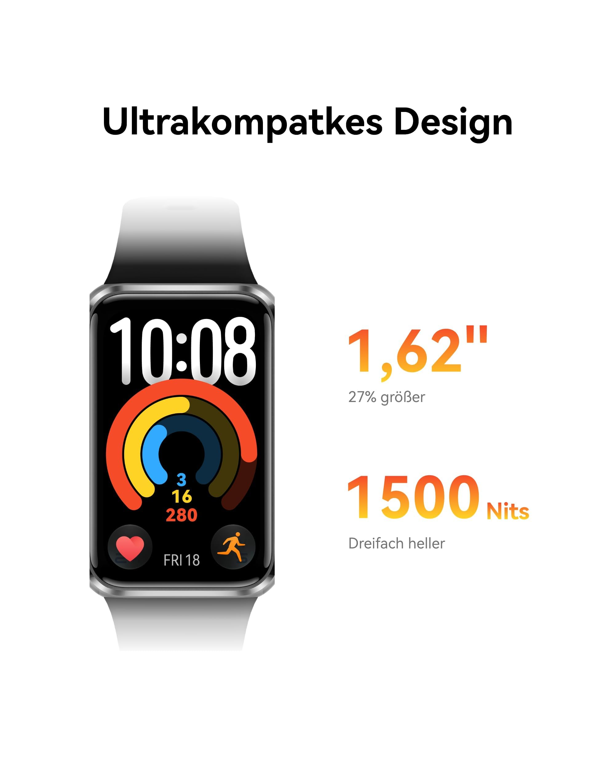 Smartwatch con display da 1,62" e 1500 nits, testo Design ultracompatto.