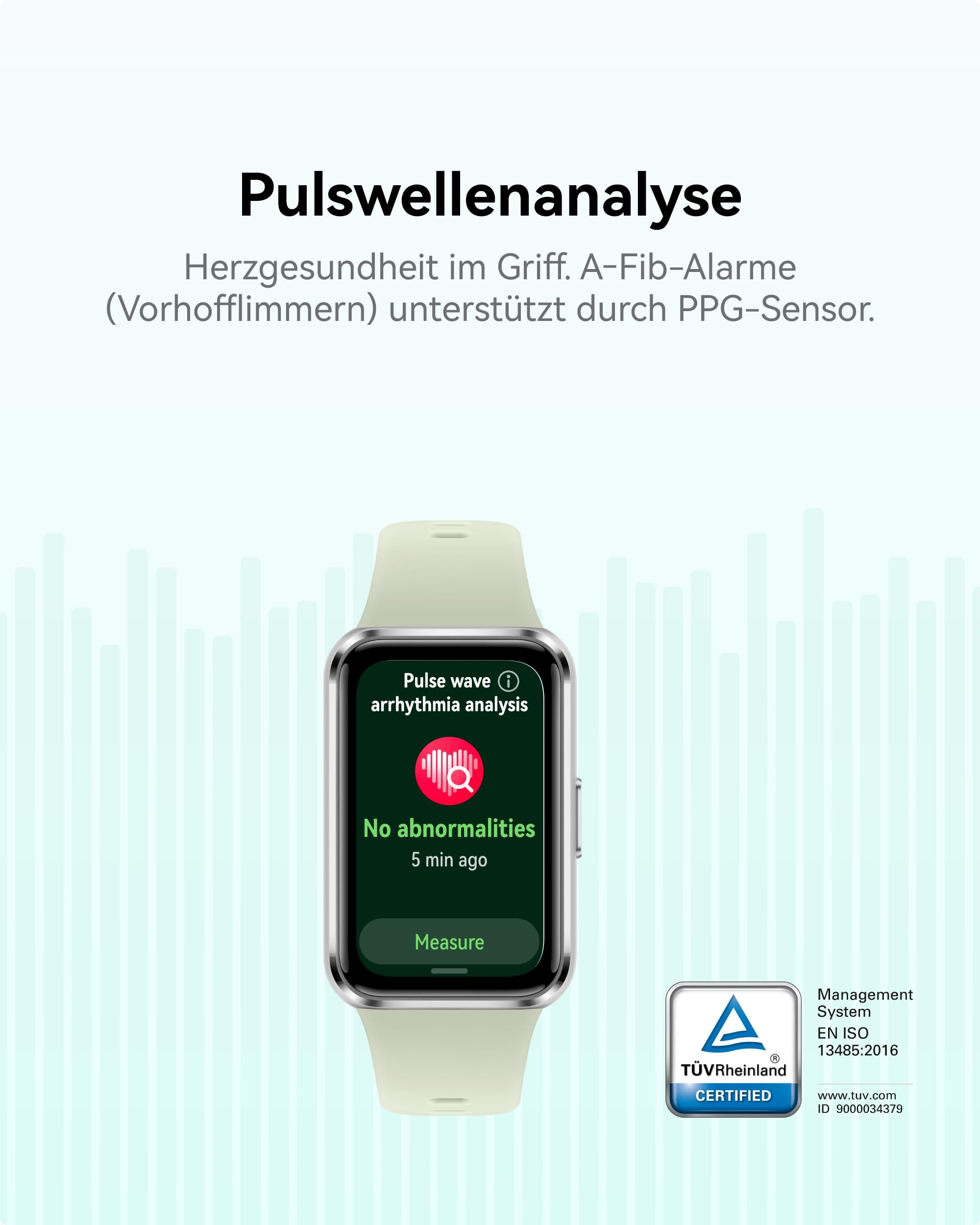 Smartwatch con analisi dell'onda del polso e certificato TÜV Rheinland.
