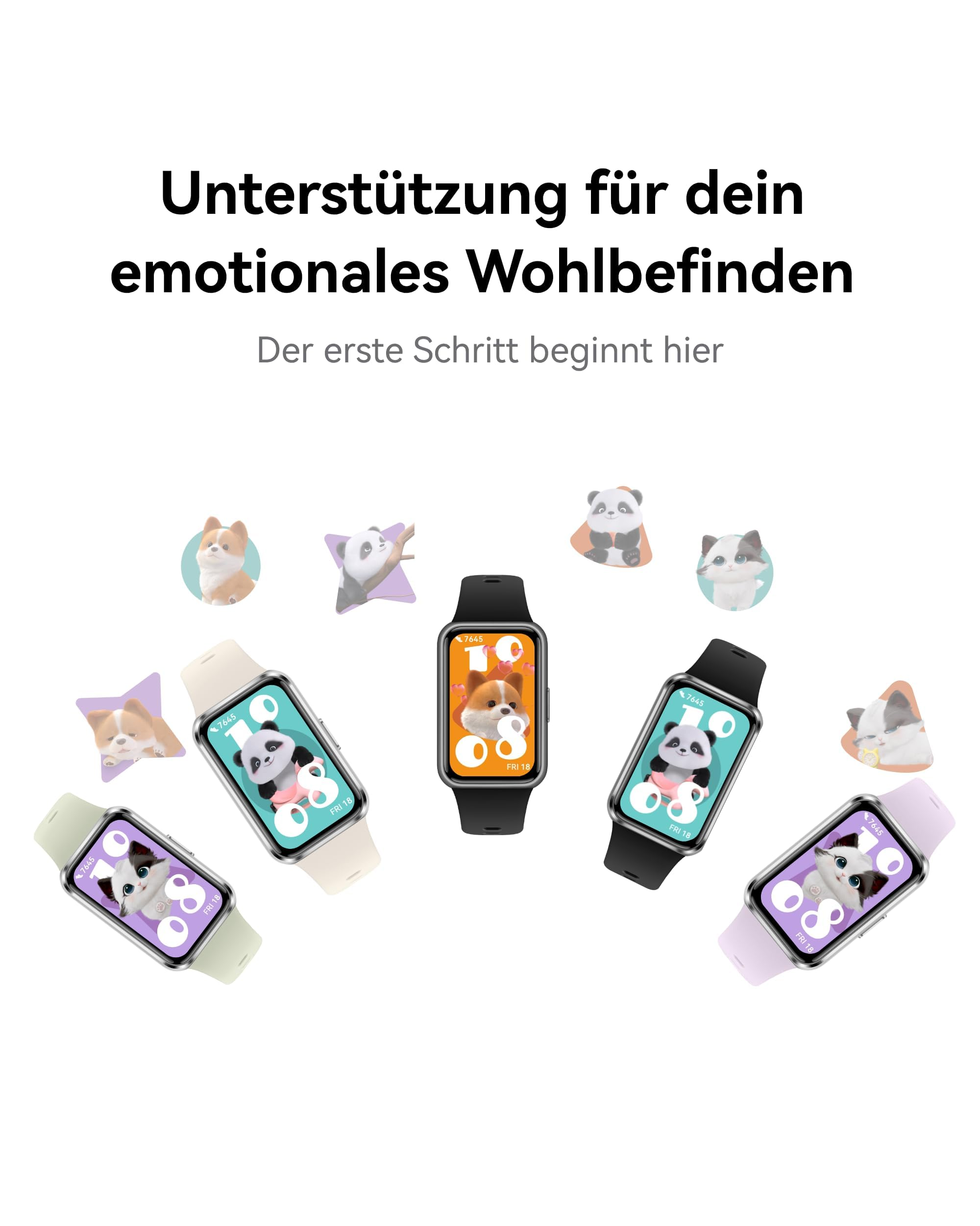 Cinque smartwatch con diversi quadranti di animali e un titolo in tedesco sul benessere emotivo.